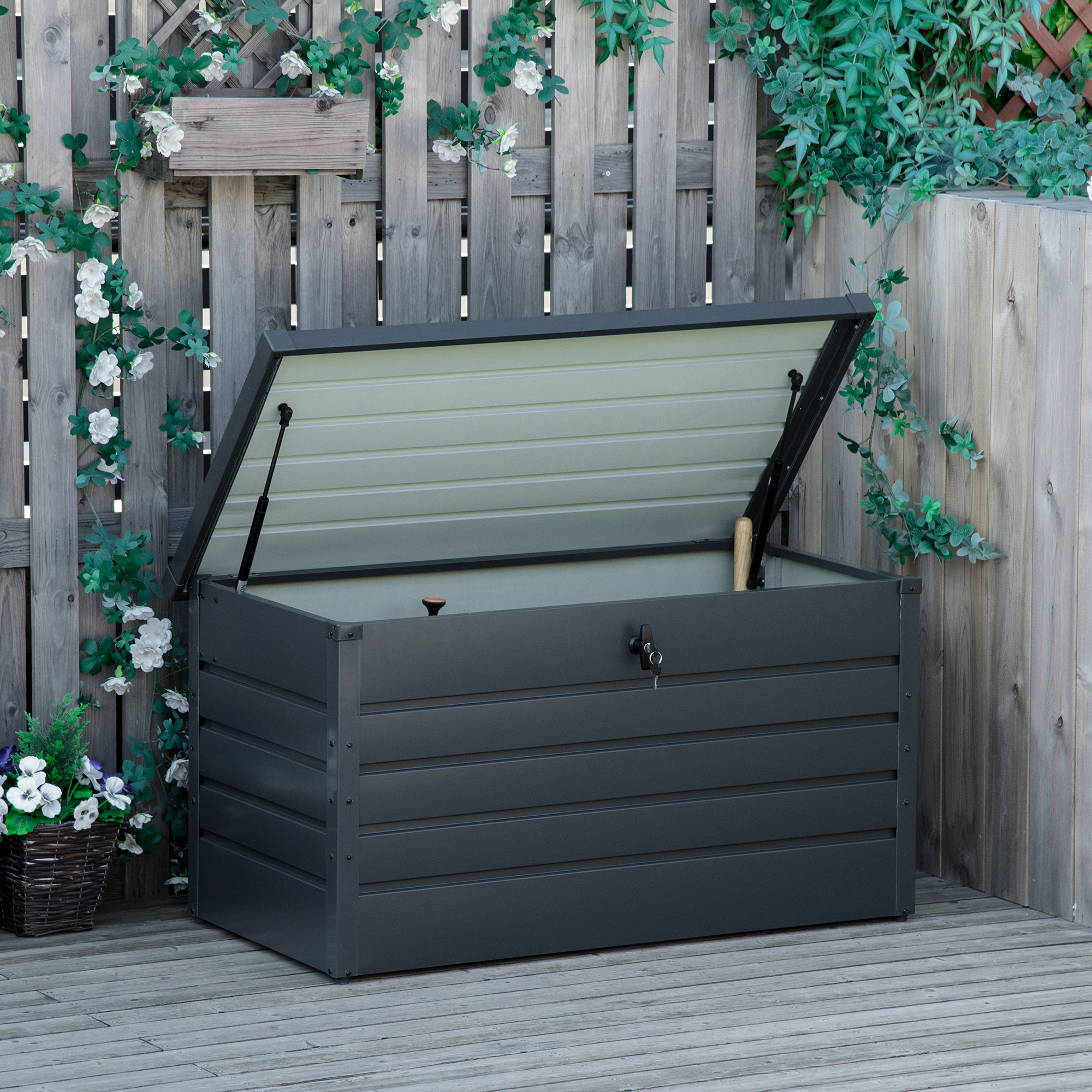 Outsunny Gartenbank Truhe mit Schlüssel, Moderne Stahltruhe, Grau, 120x62x62cm