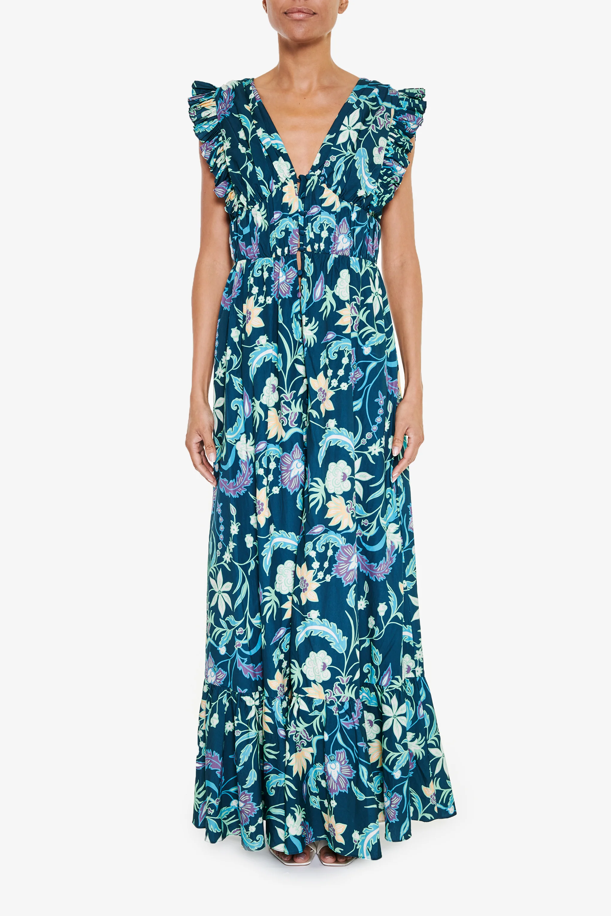 Petrol Blue Folk Floral Maxi Dress