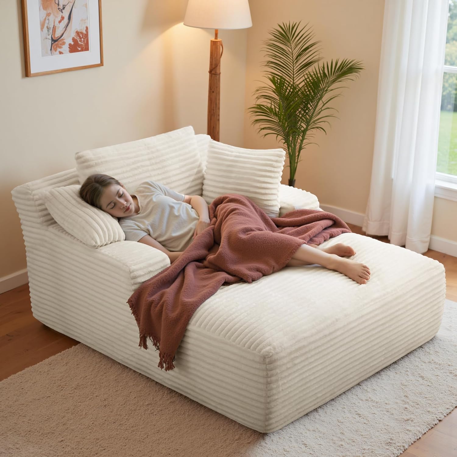 Boneless Couch Modernes Cord Bodensofa mit Schlaffunktion - Cloud Sofa mit Chaiselongue, 3 Kissen, Bequeme Sofa Couch für Wohnzimmer, Keine Montage erforderlich, Beige, 172   130   71