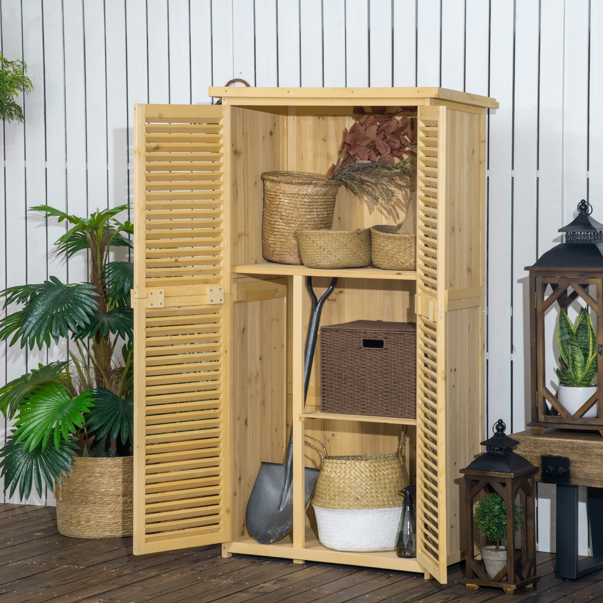 Outsunny Gartenschrank Holz Geräteschuppen Gerätehaus mit Asphaltdach Lamellentür Geräteschrank Schuppen Garten 4 Fächer Naturholz 87 x 46,5 x 160 cm
