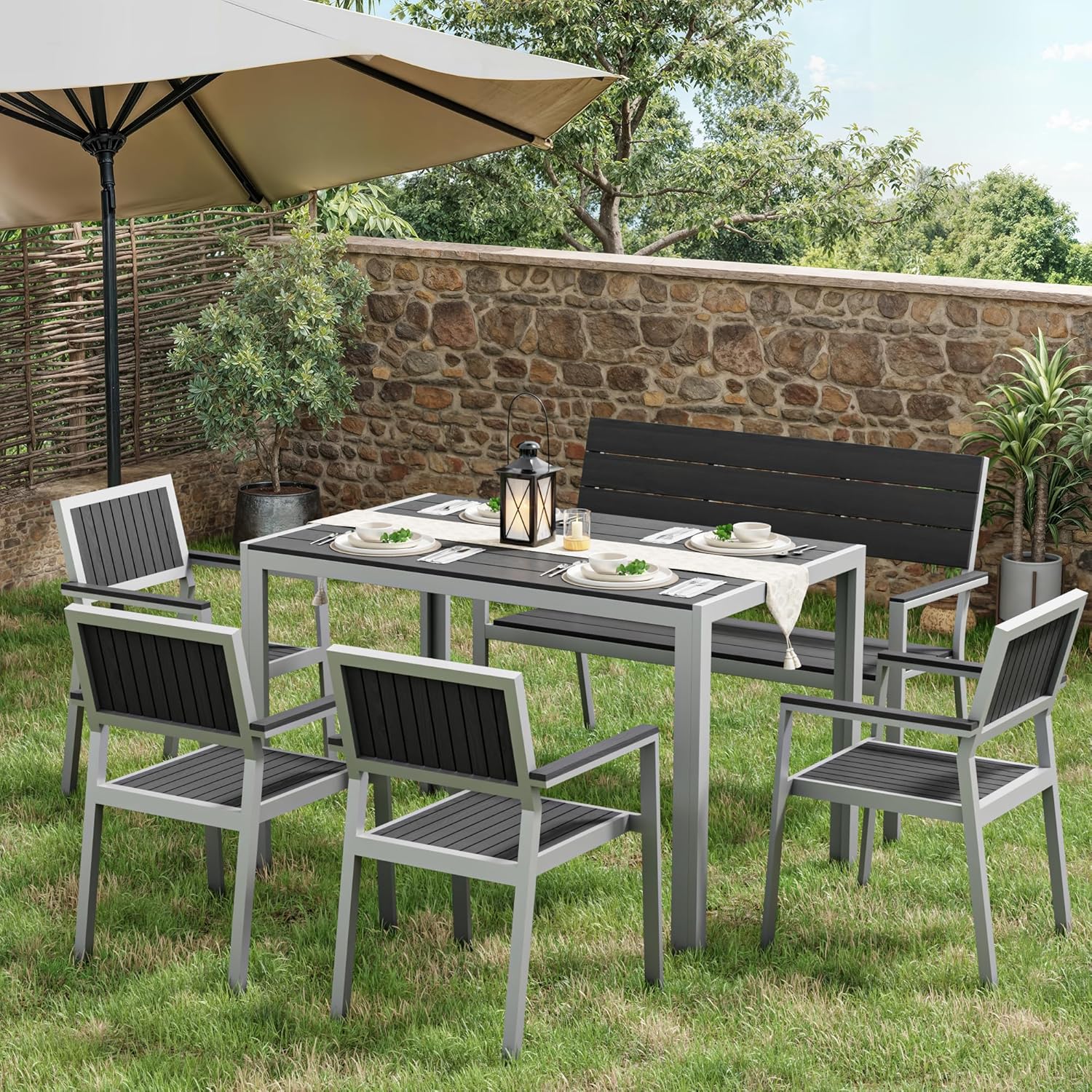 Amopatio Gartentisch Wetterfest 110×70 cm, WPC Balkontisch Aluminium, Rechteckiger Terrassentisch UV-beständig Gartenmöbel für Garten & Outdoor, Moderner Esstisch Grau-Schwarz