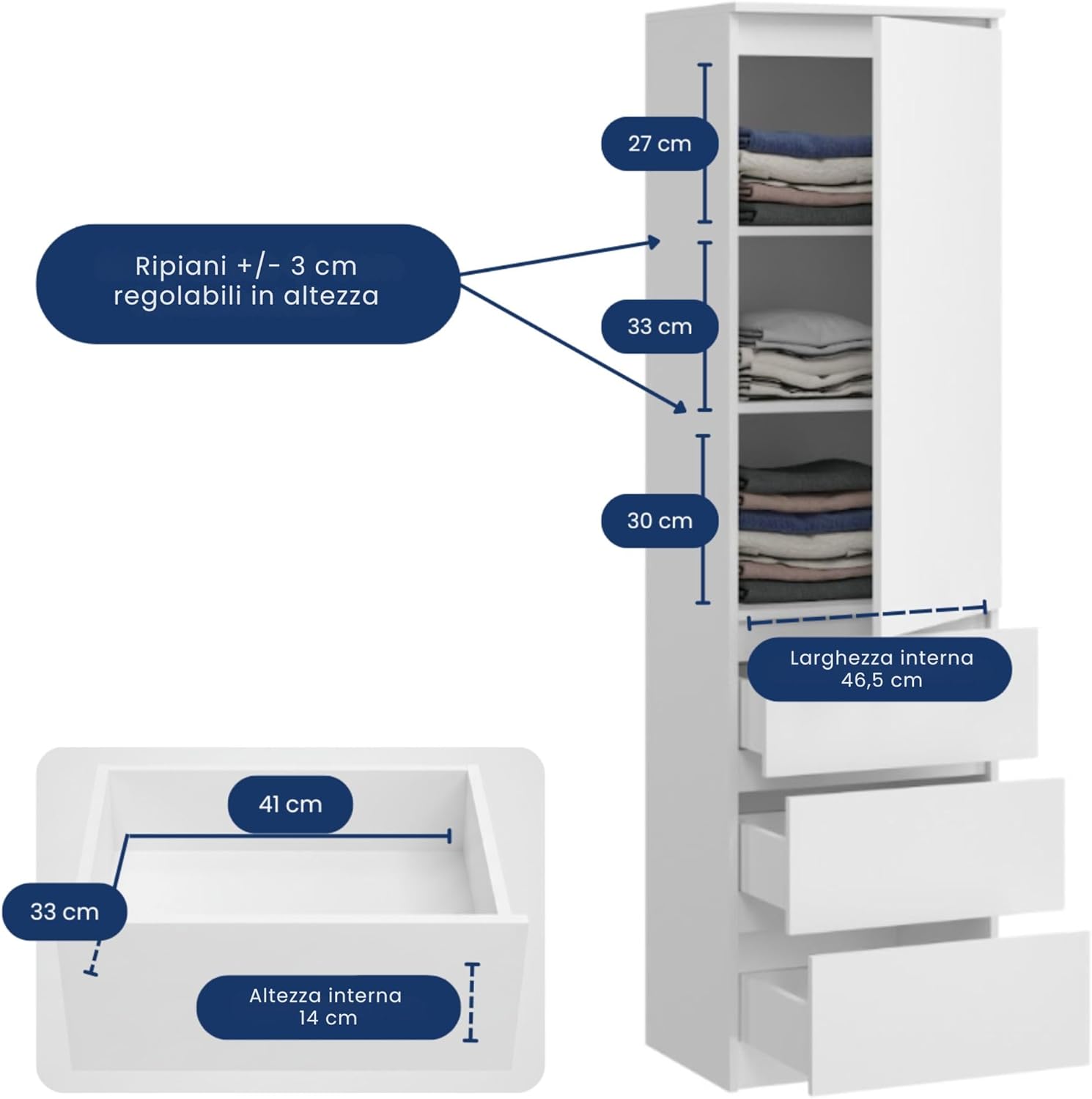 Home Collective Multi-purpose Wardrobe, Wardrobe, Wardrobe with 3 Shelves and 3 Drawers | Compact and Functional Wardrobe for Bedroom, Hallway or Study | 50 x 40 x 180 cm (WxDxH) | White
