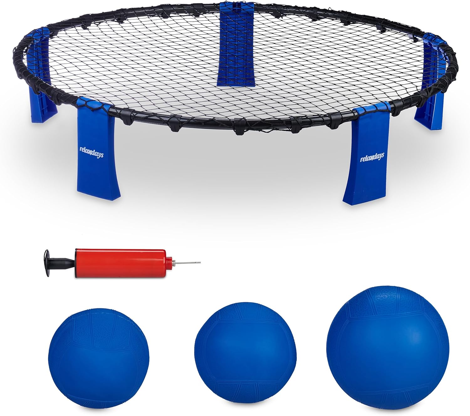 Relaxdays Set da Roundnet, con Rete, 3 Palline, Pompa e Borsa per Trasporto, Gioco Spiaggia, Parco, Giardino, Nero Blu