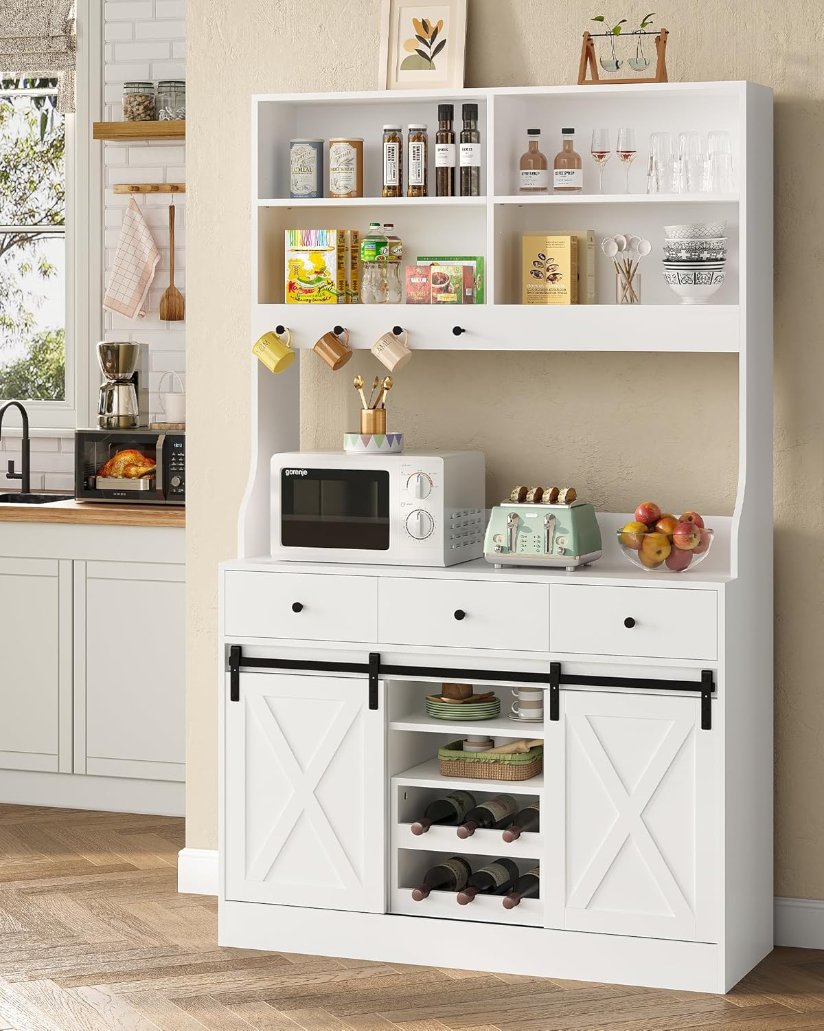 Credenza, Credenza Cucina con Illuminazione a LED, Presa Elettrica, Mobile Buffet, Scaffale Rimovibile, 3 Cassetti, Ripiani Regolabili, Grande Spazio, Cucina, Sala da Pranzo, 103.5*40*180 cm, Bianca