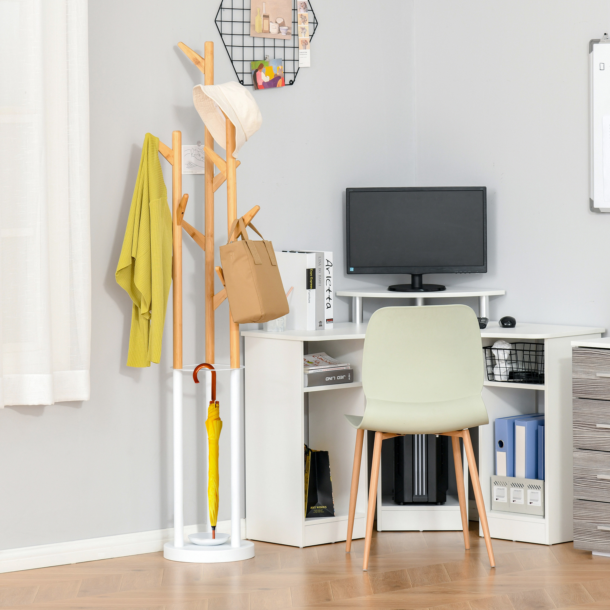 HOMCOM Garderobenständer, Kleiderständer mit 12 Haken und Schirmständer, Garderobe in Baumform, moderner Jackenständer für Kleidung, Hut, Tasche, für Wohnzimmer, Schlafzimmer, Bambus, Natur+Weiß