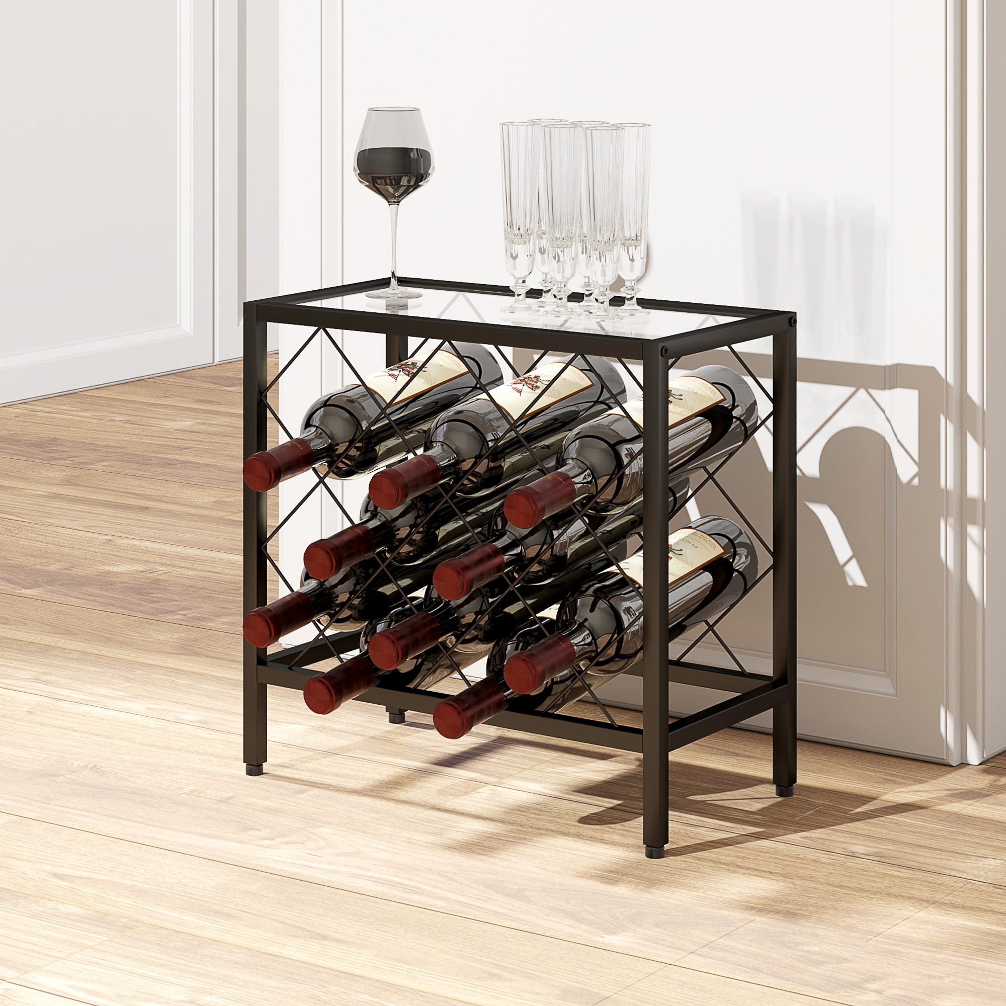 HOMCOM Weinflaschenhalter für 10 Flaschen aus mattem Schwarzstahl mit Ablage aus gehärtetem Glas, 41x22x41 cm