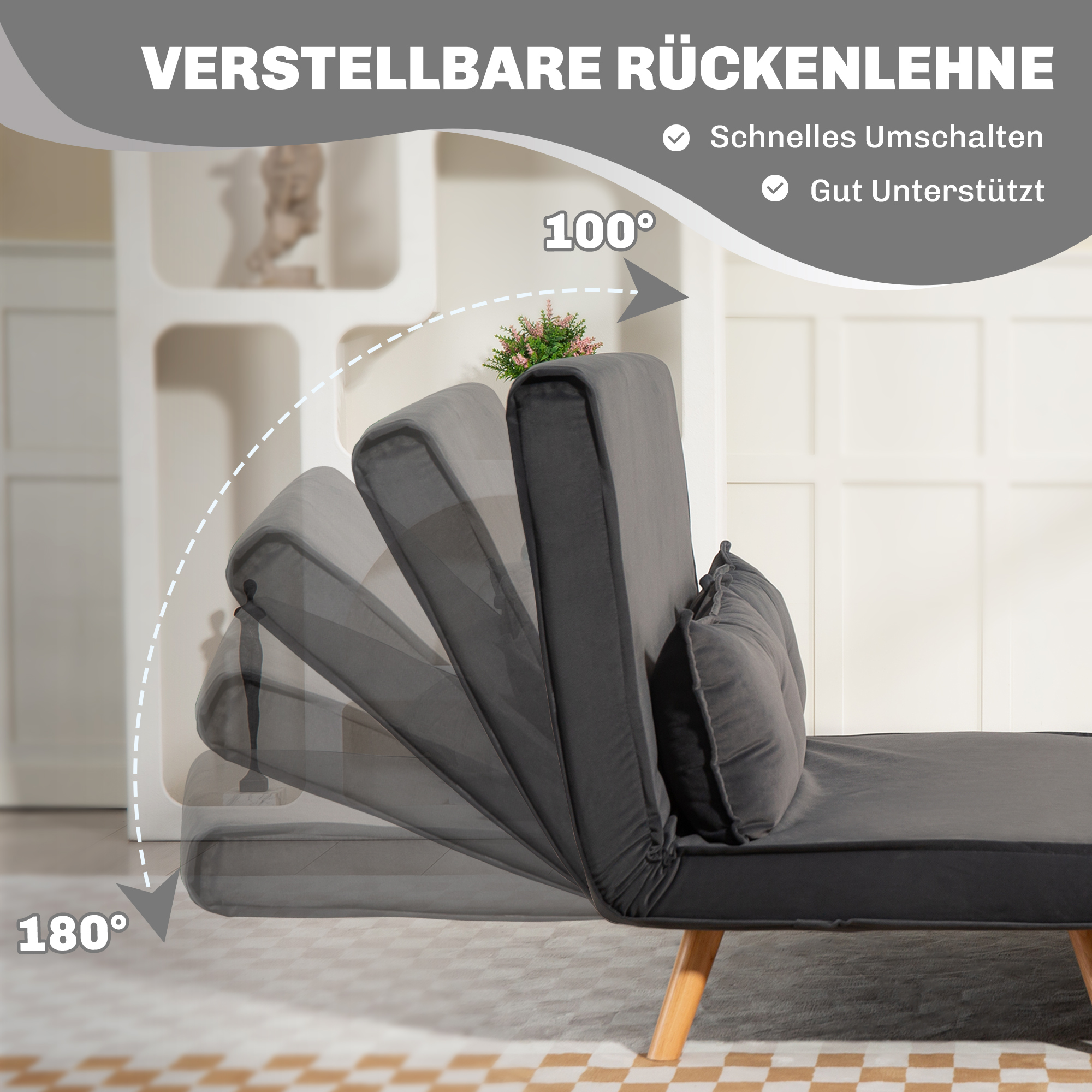 2-zits slaapbank, bedbank, om te bouwen bank met verstelbare rugleuning, stofbekleding, metalen frame, Grijs
