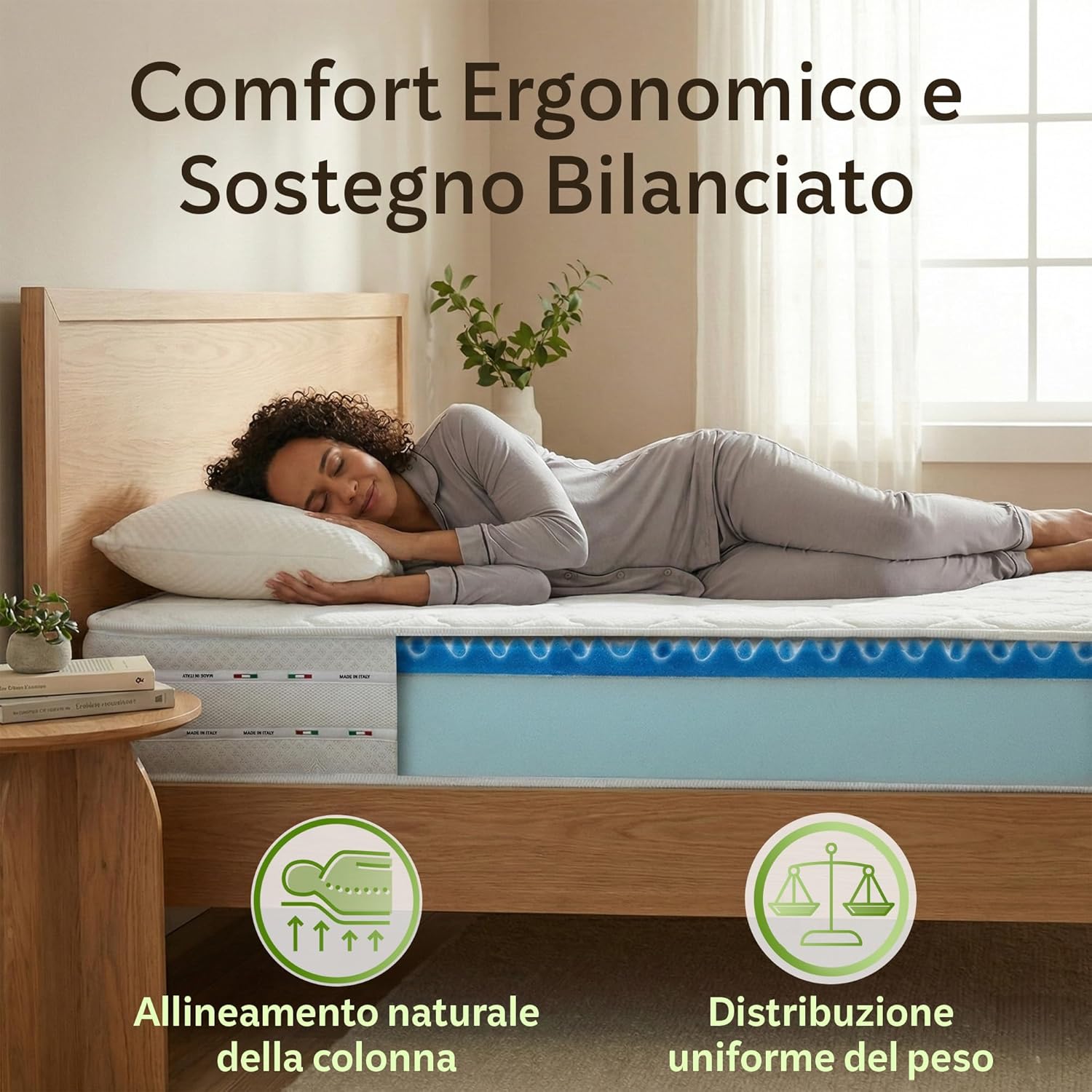 Materasso in Memory Foam Singolo, Altezza 24 cm Reali,Rivestimento in Aloe Vera Antibatterico, Spedito Sottovuoto Arrotolato, 100% Made in Italy (80 x 190 Cm Singolo)