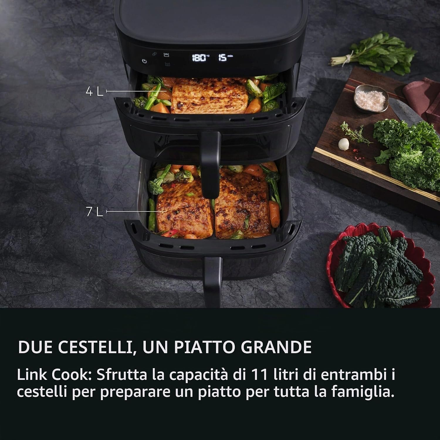 AEG Friggitrice ad aria calda a doppio cestello, 11 l, 2 scomparti per frittura parallela, cuocere grigliate, finestre e illuminazione interna, 8 programmi automatici, lavabile in lavastoviglie