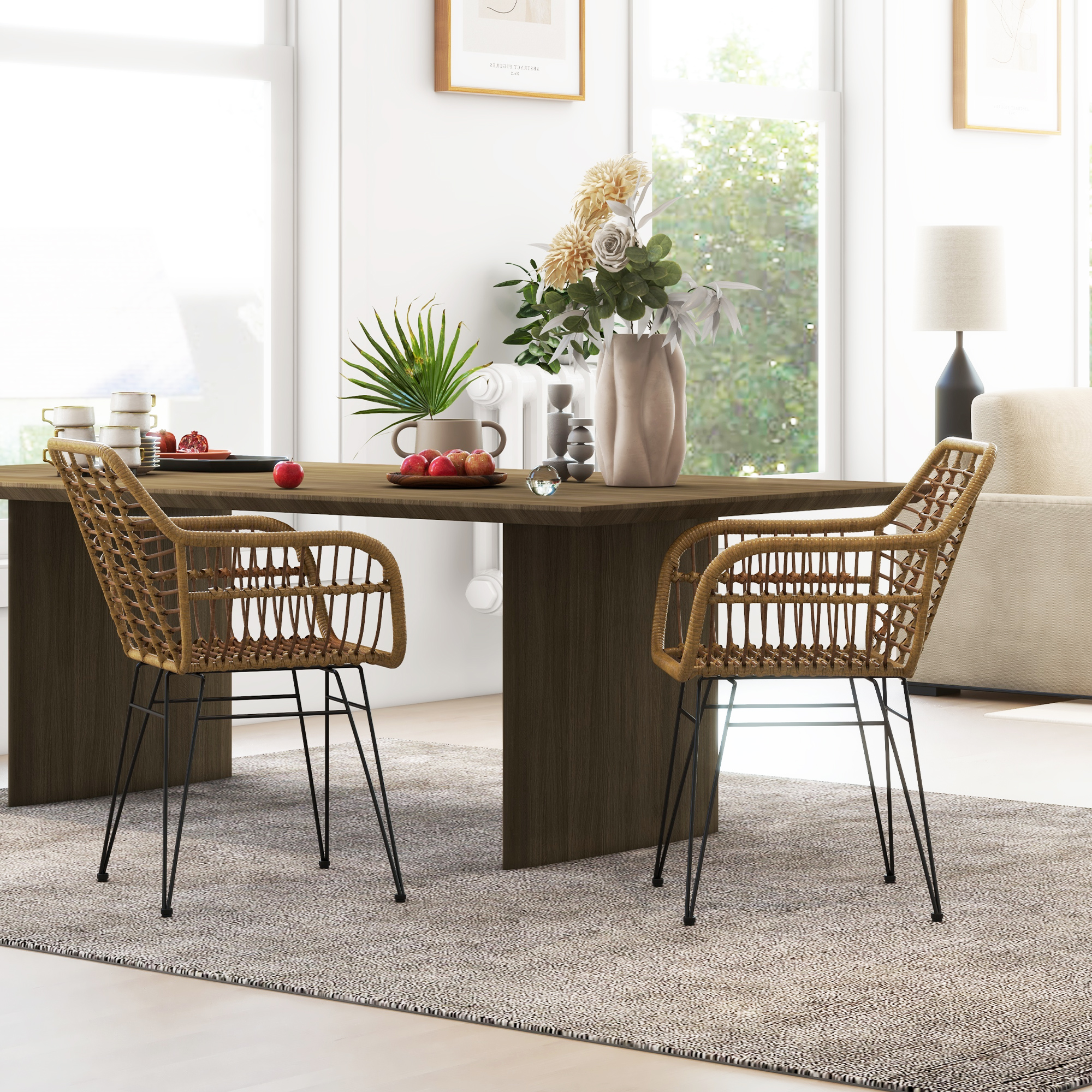 HOMCOM 2-er-Set Stühle im Boho-Stil, Küchenstühle, PE-Rattan, 56 x 60 x 79 cm, Natur + Schwarz