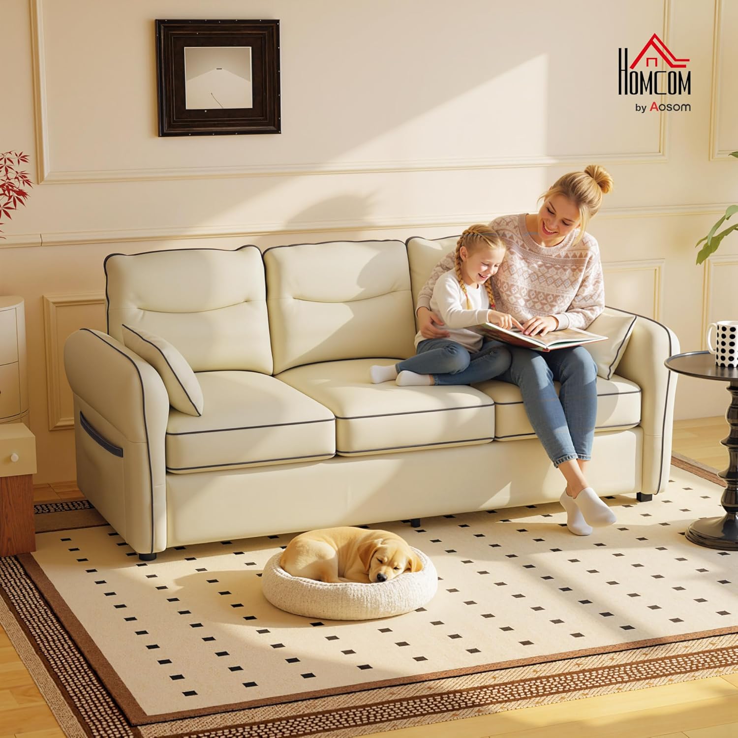 HOMCOM Divano 3 Posti Imbottito in Pelle Finta con Bordo a Contrasto, Divanetto da Salotto con Imbottitura Spessa, 2 Cuscini Rimovibile e Lavabile, Braccioli e Tasche Laterali, 190x83x90 cm, Beige