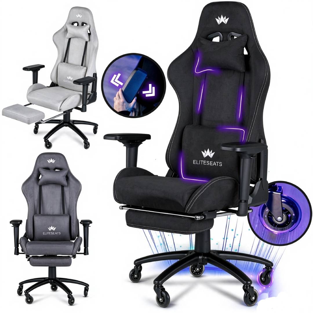 Gamingstuhl ergonomisch mit Fußstütze und 4D-Armlehnen, belastbar bis 150 kg, Schwarz