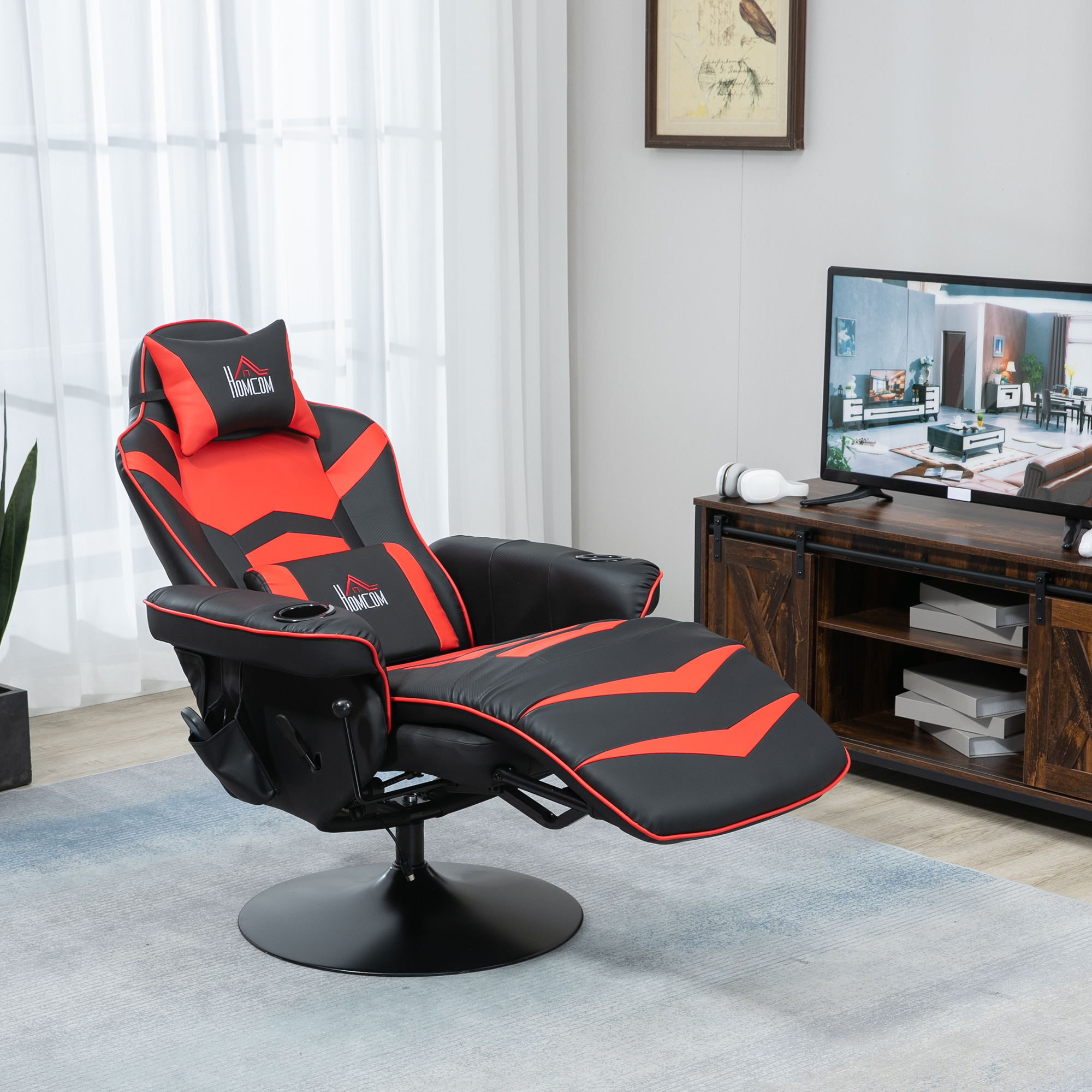 Gaming-stoel met massagefunctie, inclusief voetensteun, ligfunctie, rood + zwart.