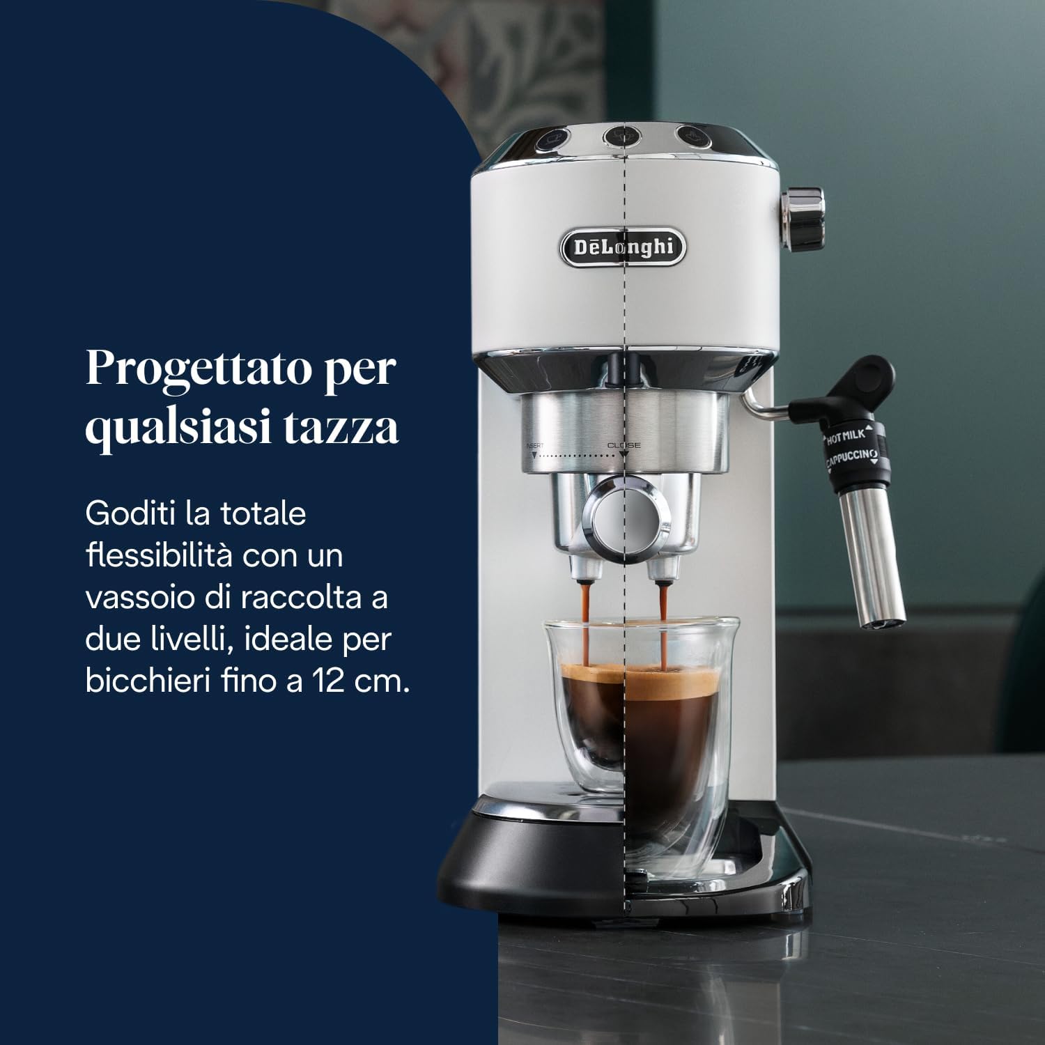De'Longhi Dedica EC685.W Macchina da Caffè Espresso Manuale e Cappuccino, Caffè in Polvere o in Cialde E.S.E., 1350 W, Bianco