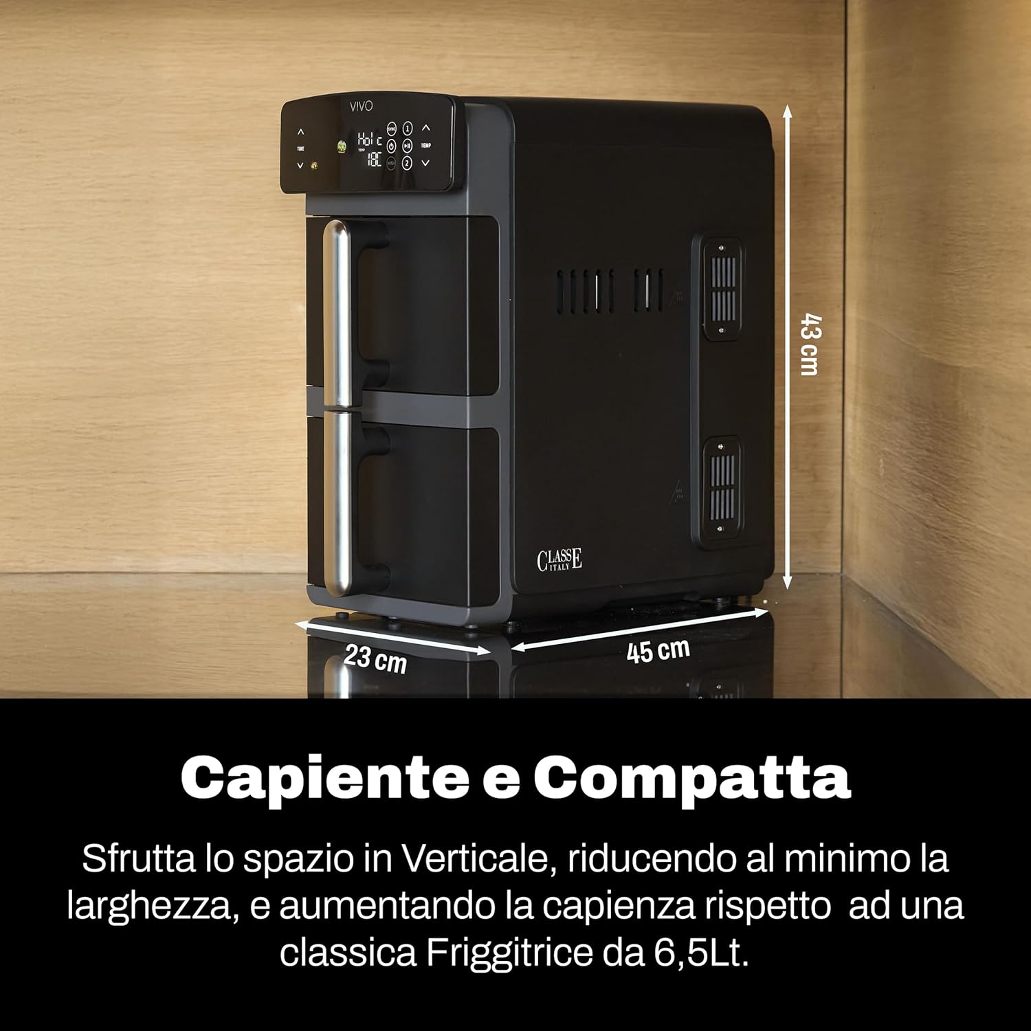 CLASSE ITALY Friggitrice ad Aria Doppio Cestello Verticale, Capacità 11 Lt, Doppia Resistenza, Cottura su 4 Livelli, Funzione Sync & Match, 9 Programmi, Senza PFAS, Temperatura da 60° a 220°, 2400W