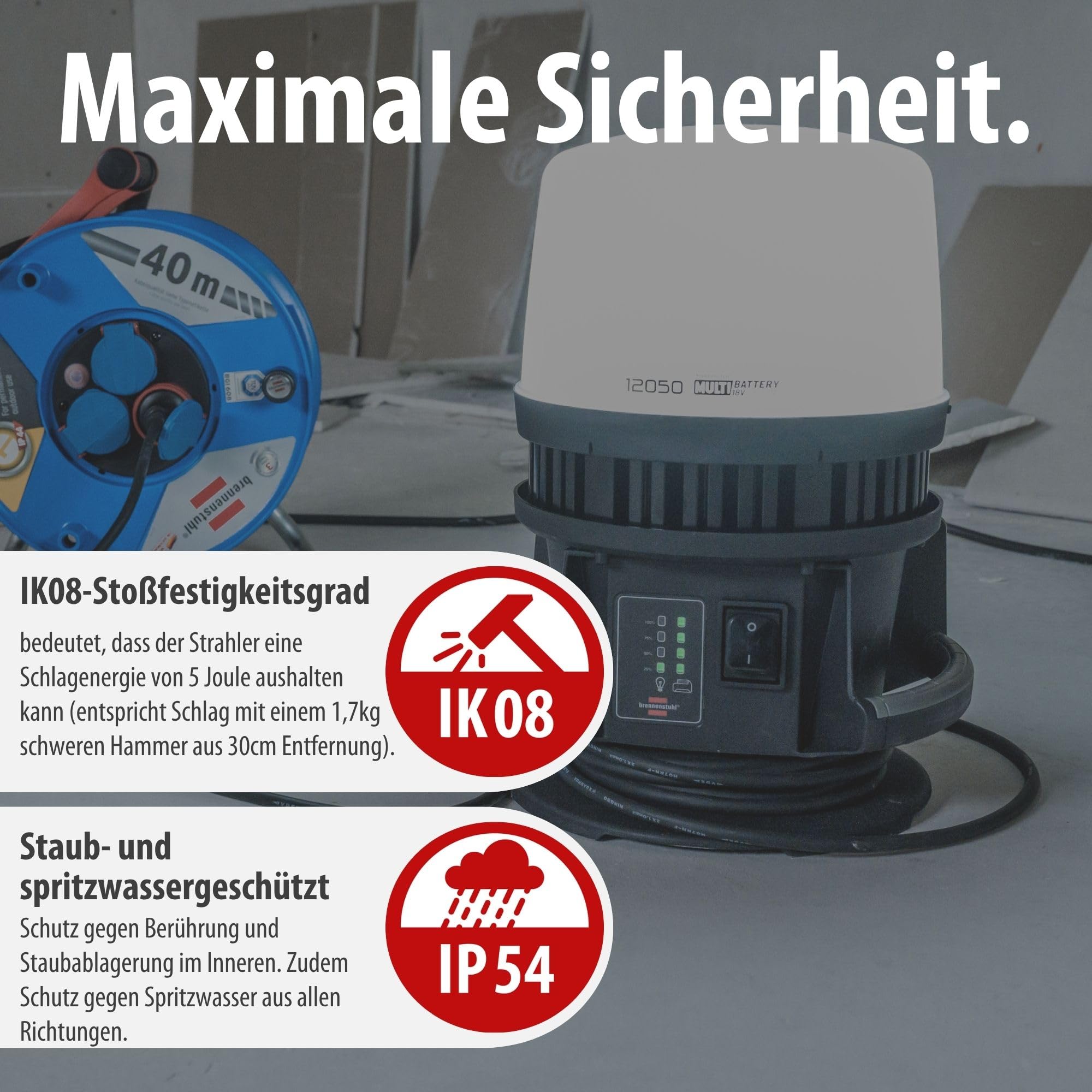 LED Baustrahler 360° Hybrid 12000lm für 18V Akku, 4 Schaltstufen, 5m Kabel, ohne Akku