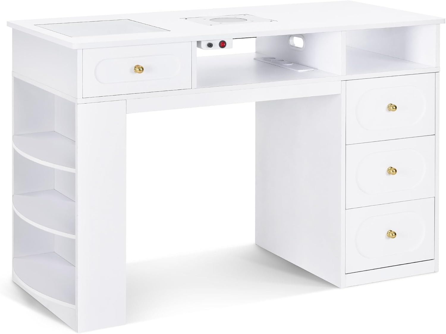 BarberPub scrivania con 4 cassetti, scaffale, 2 ripiani e piano in vetro, tavolo per unghie con aspirazione e 2 sacchetti per l'aspirazione, tavolo per ricostruzione unghie in legno, 2442