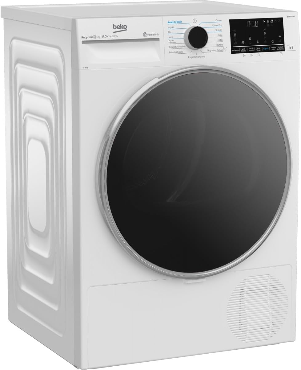 Beko BT96DBS Asciugatrice 9kg, Classe A, Linea Estetica Beyond, motore inverter, Display digitale XL, colore Bianco, oblò Nero, WIFI