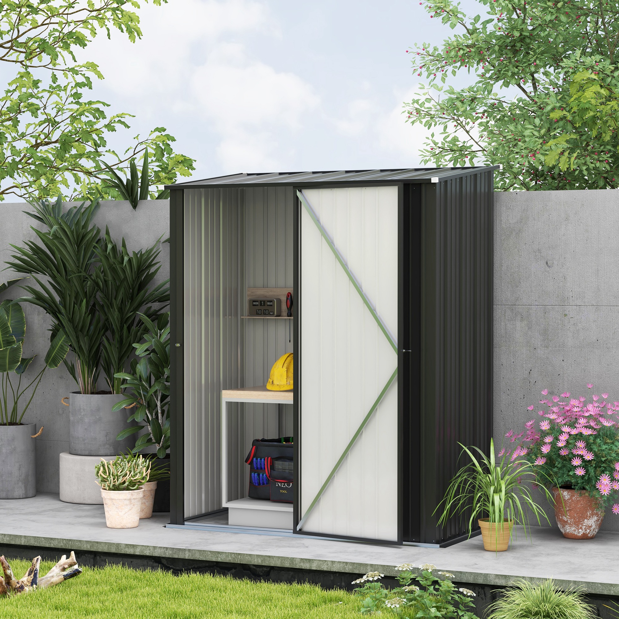 Outsunny Tuinschuur Gereedschapsschuur, afsluitbare deur, weerbestendig, incl. schappen, 161,5 cm x 94,5 cm x 196 cm, Zwart
