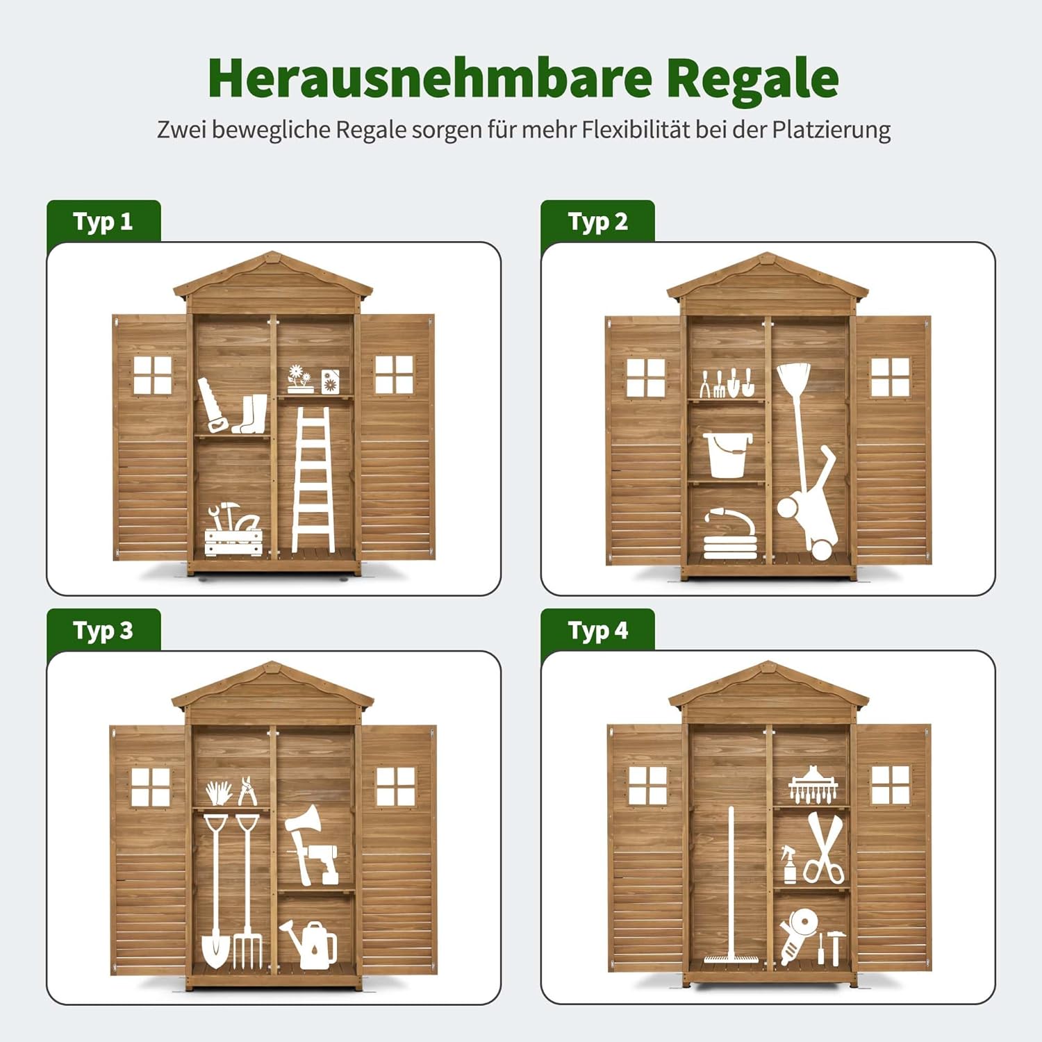 M MCombo casetta da giardino in legno resistente alle intemperie, casetta per attrezzi da esterno, per giardino terrazzo, casetta per attrezzi con 2 ripiani mobili, 57×109×180 cm, 1152 (natura)