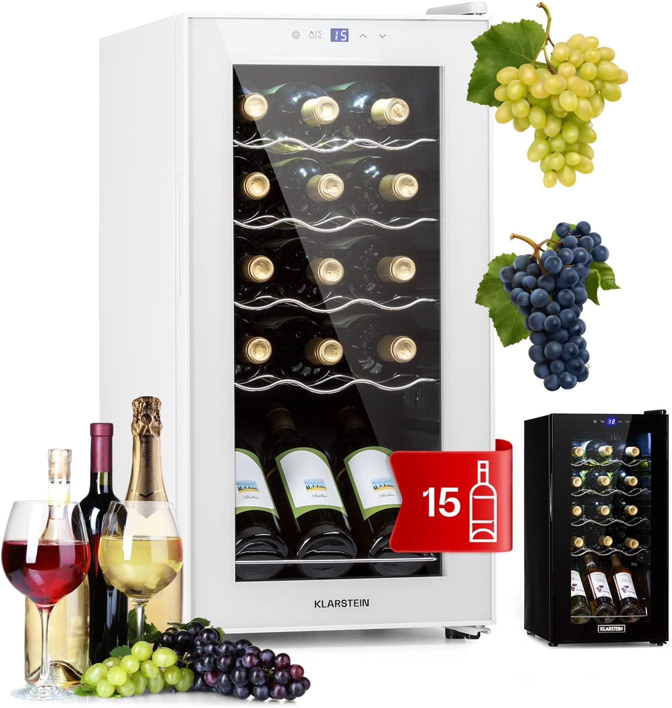 KLARSTEIN Cantinetta Vino Refrigerata a Zona Singola per Interno/Esterni, Frigo Bar, Cantina Vino con Porta in Vetro, Mini Frigo Silenzioso, Frigorifero Piccolo Touch Control, 5-18°C, 12 Bottiglie