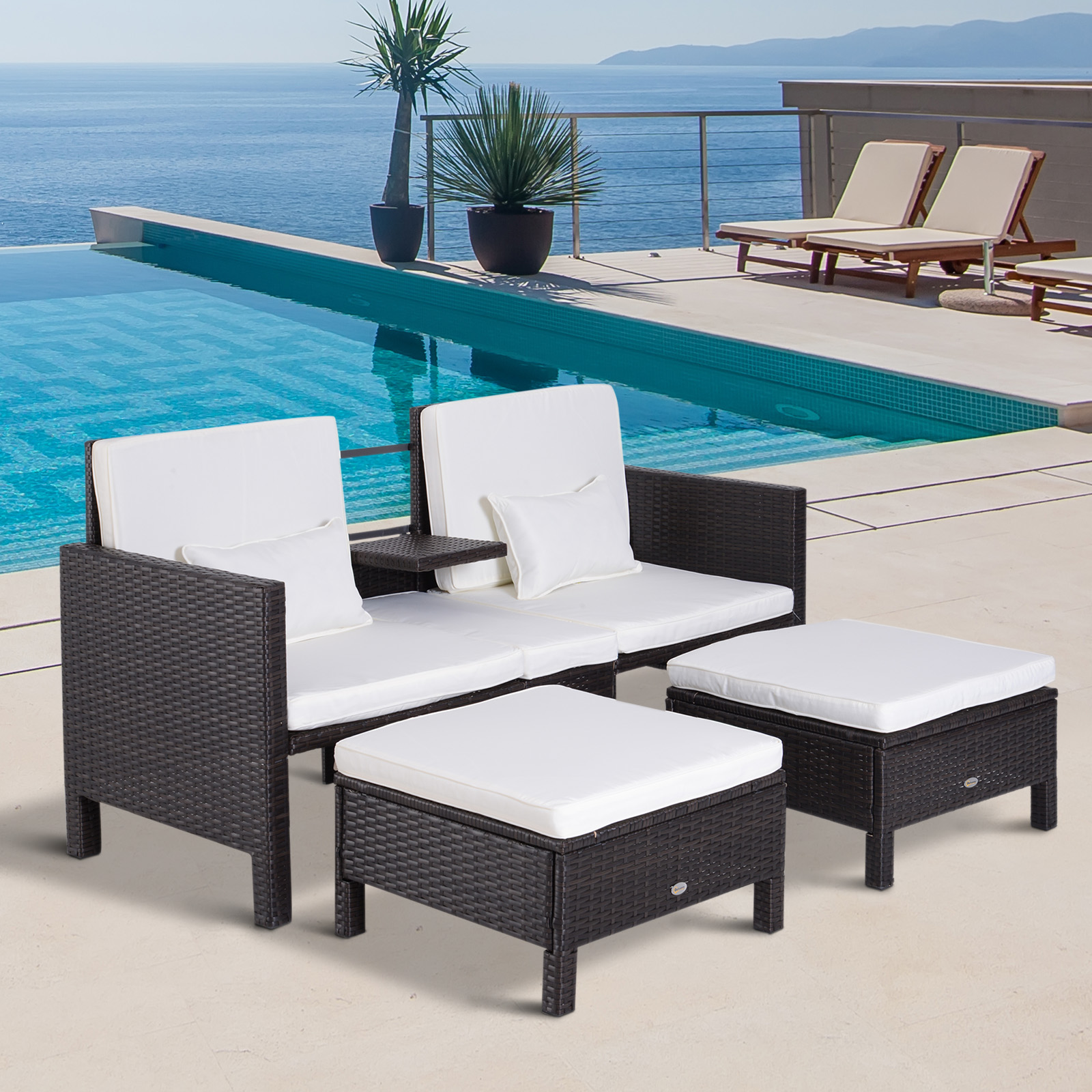 3-delige Tuinbank tuinmeubelen lounge tuinset zitgroep rotan meubel bruin poly-rotan + metaal 2-zits bank 2 x kruk kussens | Aosom.de