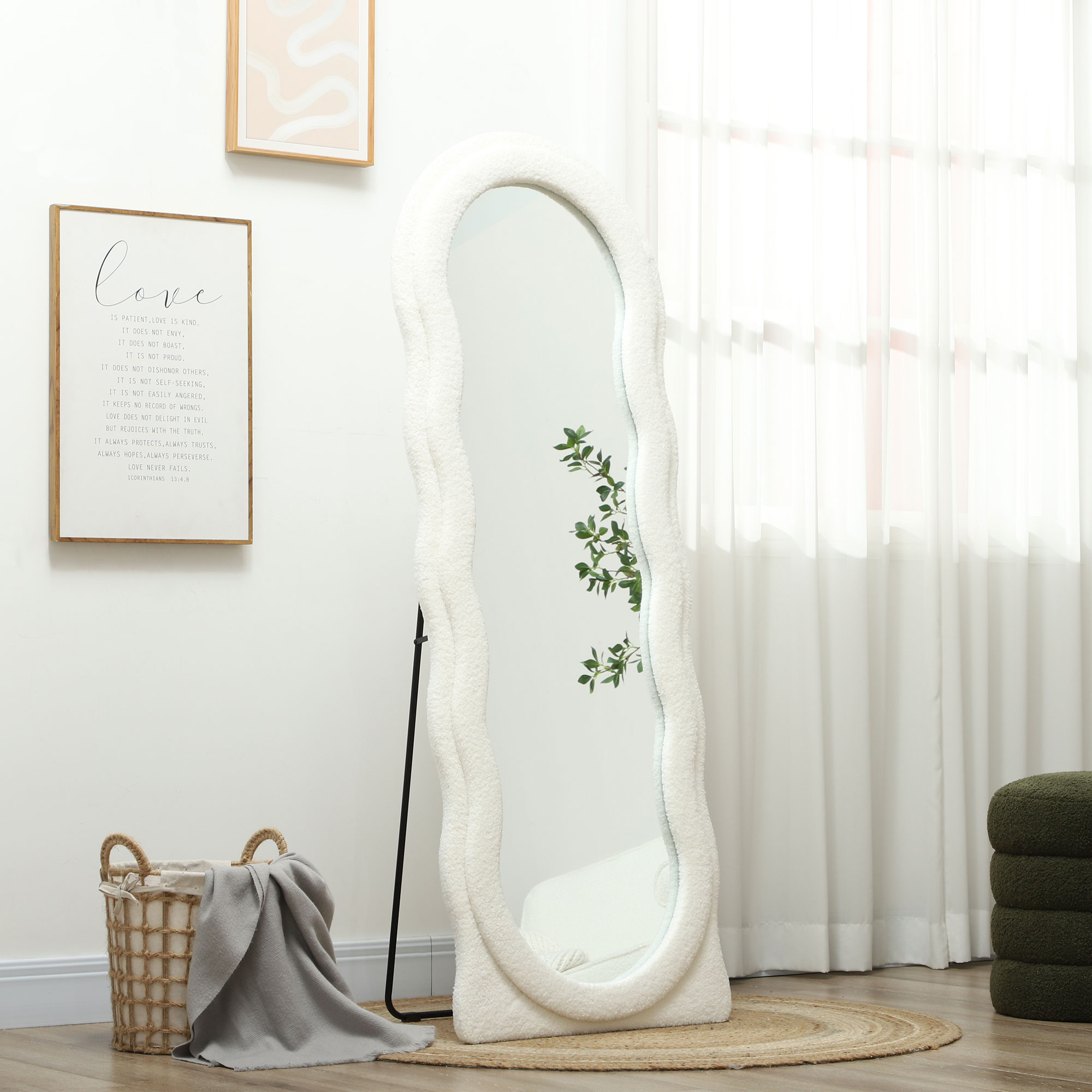 HOMCOM Ganzkörperspiegel 160 x 60 cm Gewölbter Standspiegel mit Wellendesign Bruchsichere Glas Weiß