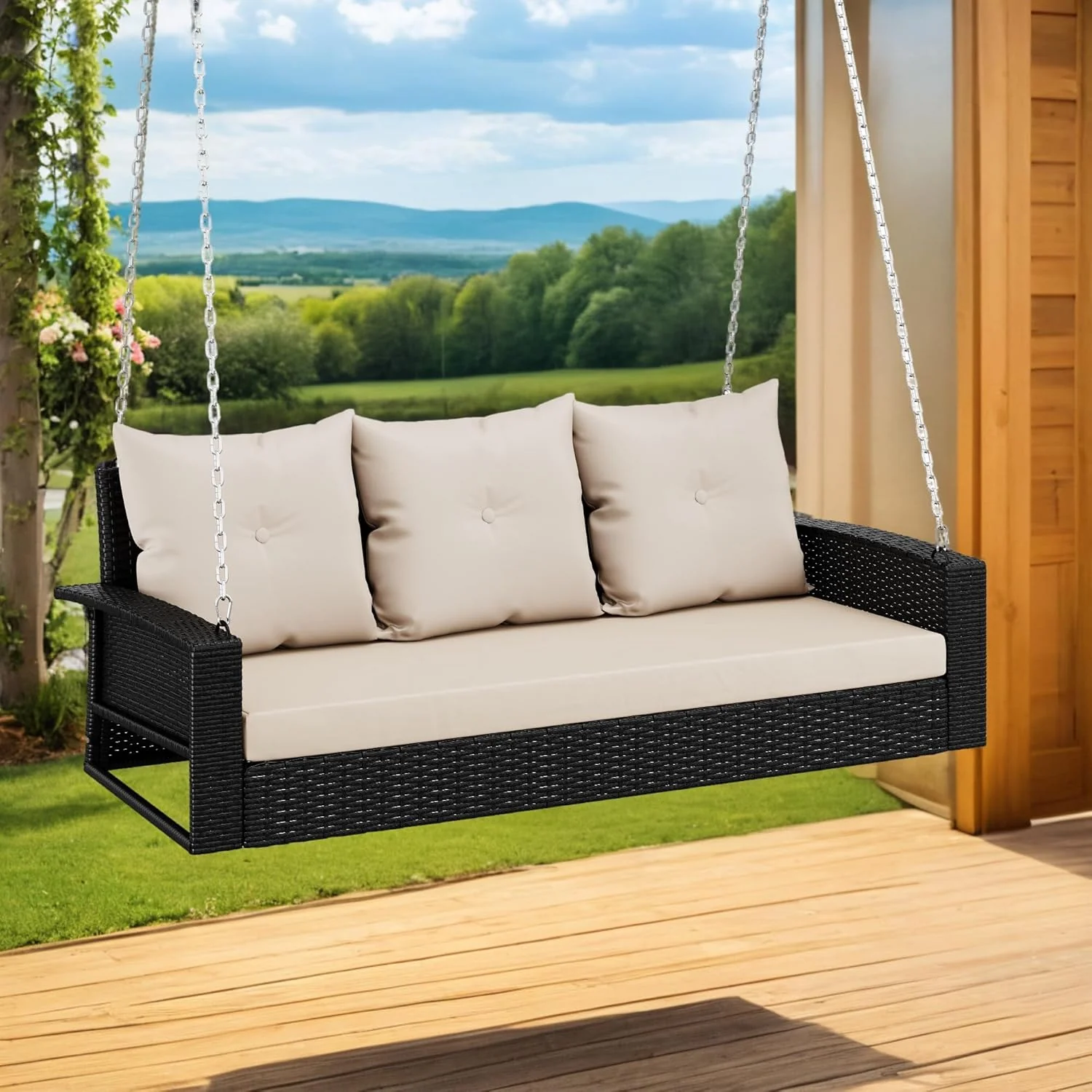 YITAHOME Hanging Porch Swing Chair Sits 3 People. Wicker Outdoor Swing Bench. Patio Lounge Chair. 1 Seating Cushion and 3 Back Cushions. w/Removable Covers. for Garden. Balcony. Backyard. Brown