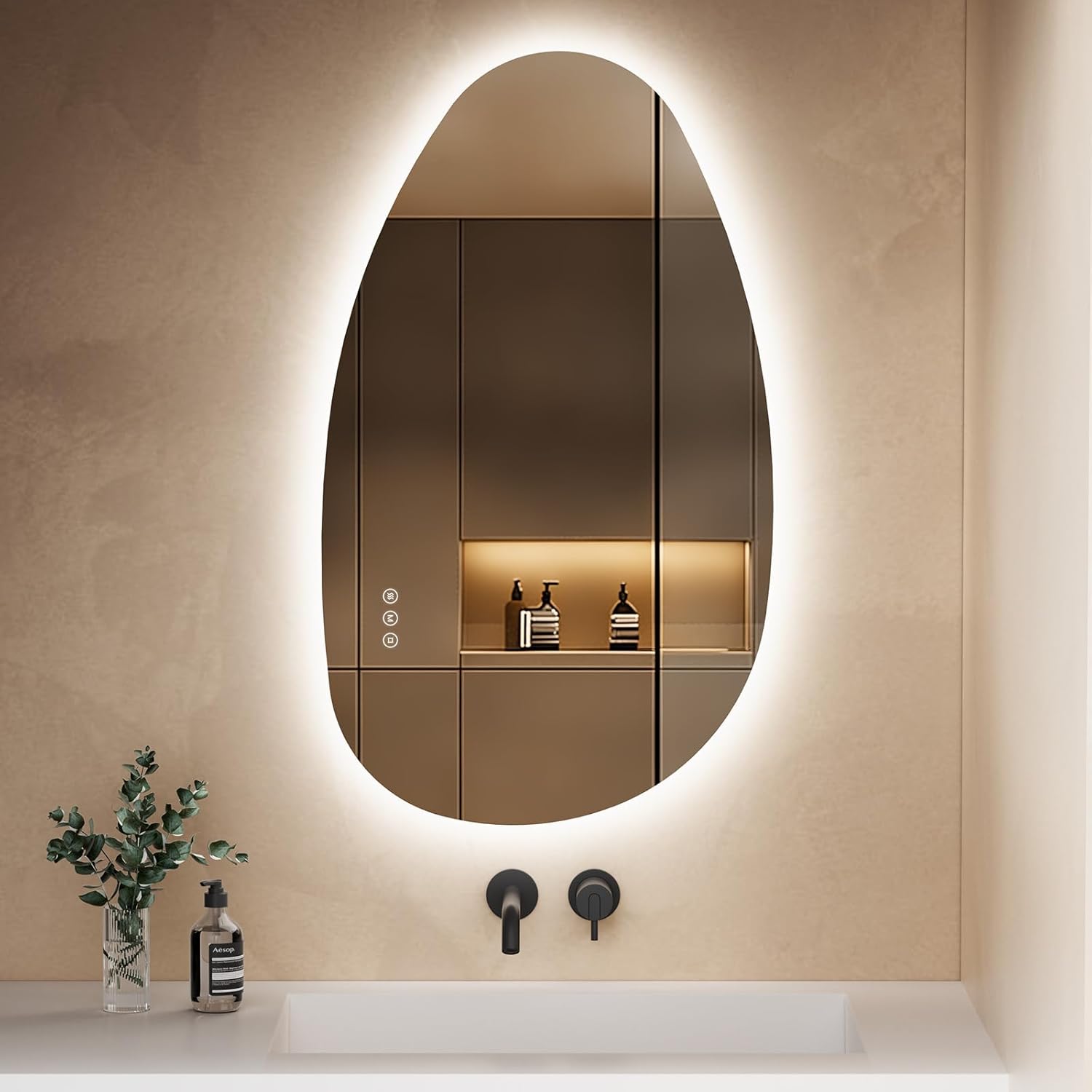 S'AFIELINA Specchio Bagno con Luce LED, Specchio Bagno Retroilluminato Asimmetrico 85x50 cm, Interruttore Touch,Dimmerabile, 3 Temperature di Colore, Antiappannamento, Specchi da parete per bagno