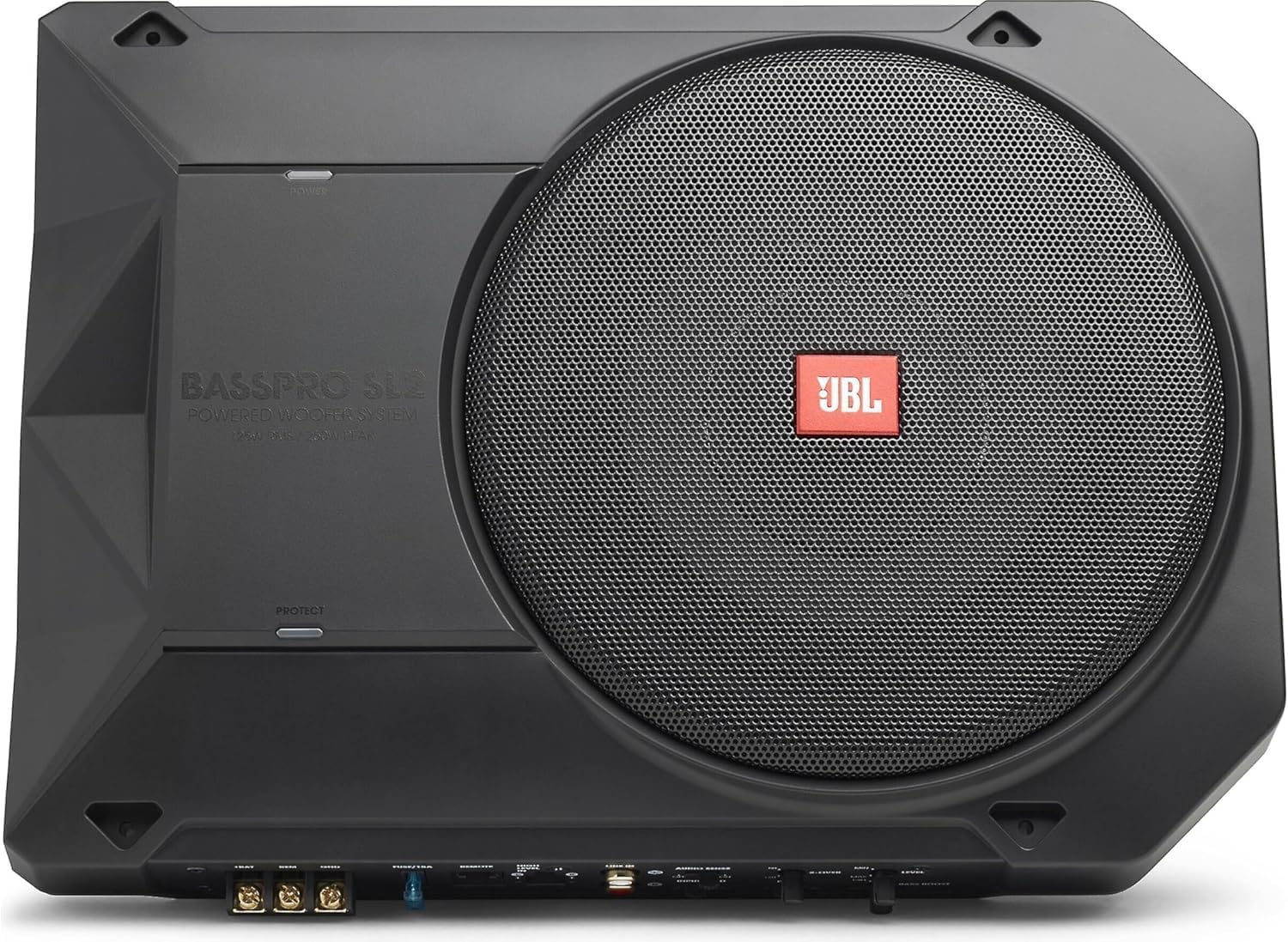 JBL BassPro SL2 Aktiv Subwoofer Auto Set - Car hifi Untersitz Bassbox Gehäuse mit Bassreflex Woofer box groß 200mm und 125 Watt aktiver Verstärker, Schwarz, 44