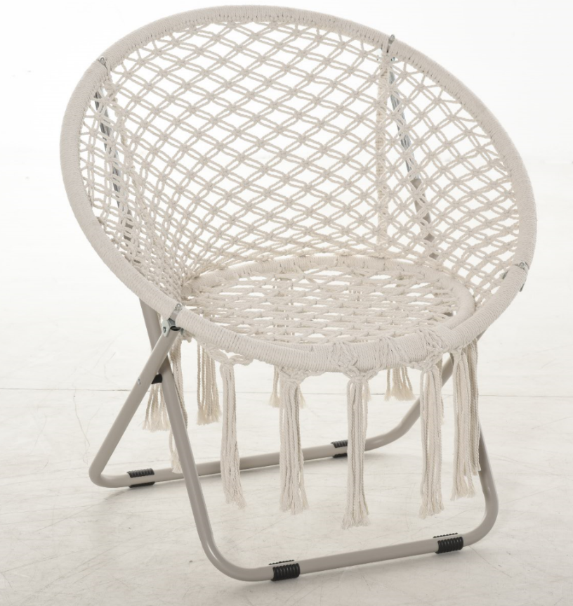 Outsunny Hängesessel runder Gartenstuhl Mond Papasan Klappbarer großer Komfort Makramee Baumwolle Polyester Beige