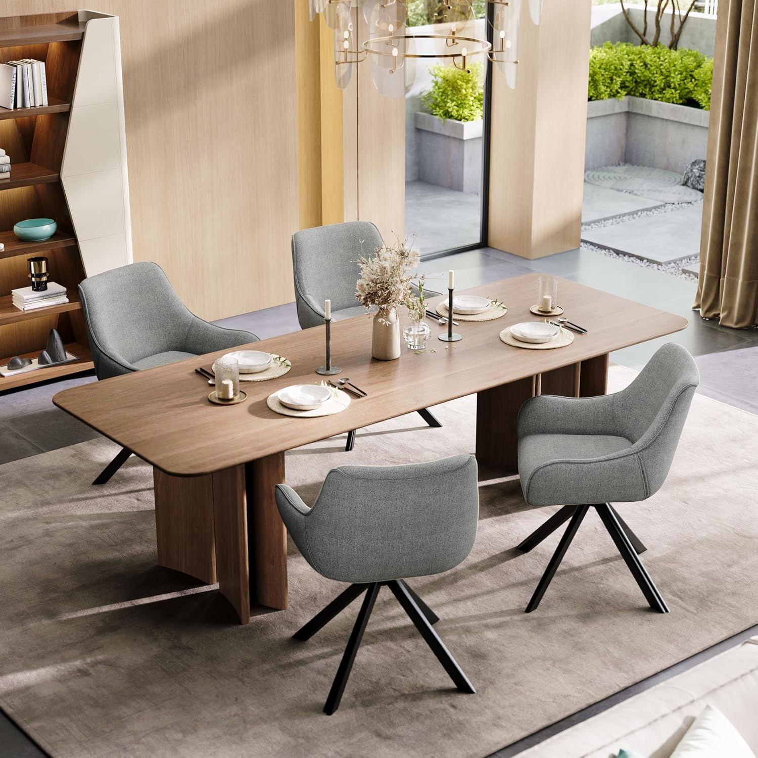Esszimmerstühle Drehbar 6er Set mit Armlehne – 360°Drehbar Polsterstuhl Leinen Modern Drehstuhl Küchenstuhl mit Metallgestell und Rückenlehne für Esszimmer, Wohnzimmer, Büro, Hellgrau