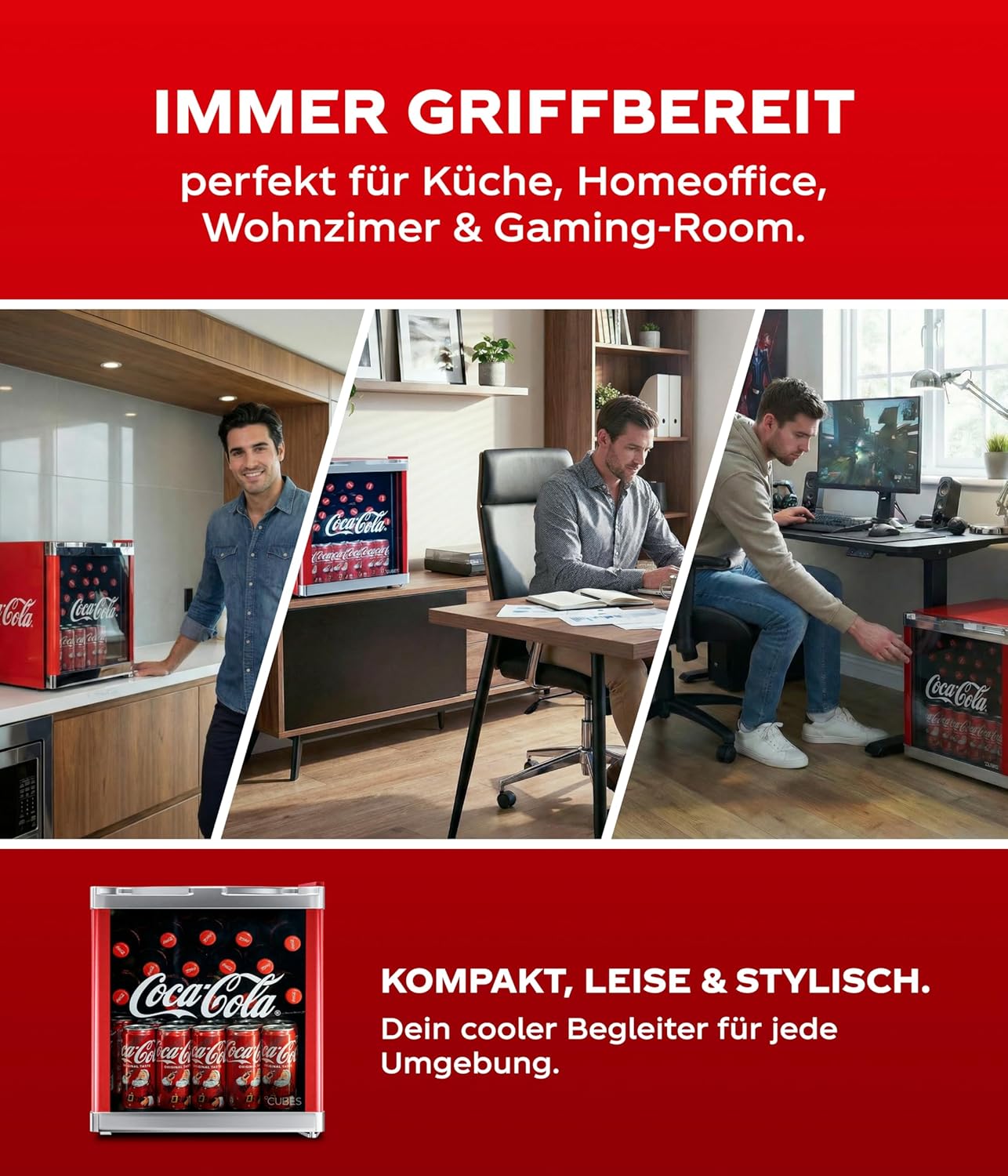 °CUBES Original Coca-Cola Mini Kühlschrank Rot 48L - Getränkekühlschrank mit Glastür, leise  und  energieeffizient - Für Büro, Partys  und  Gaming - Cooler Flaschenkühlschrank - Mini Kühlschrank für Getränke