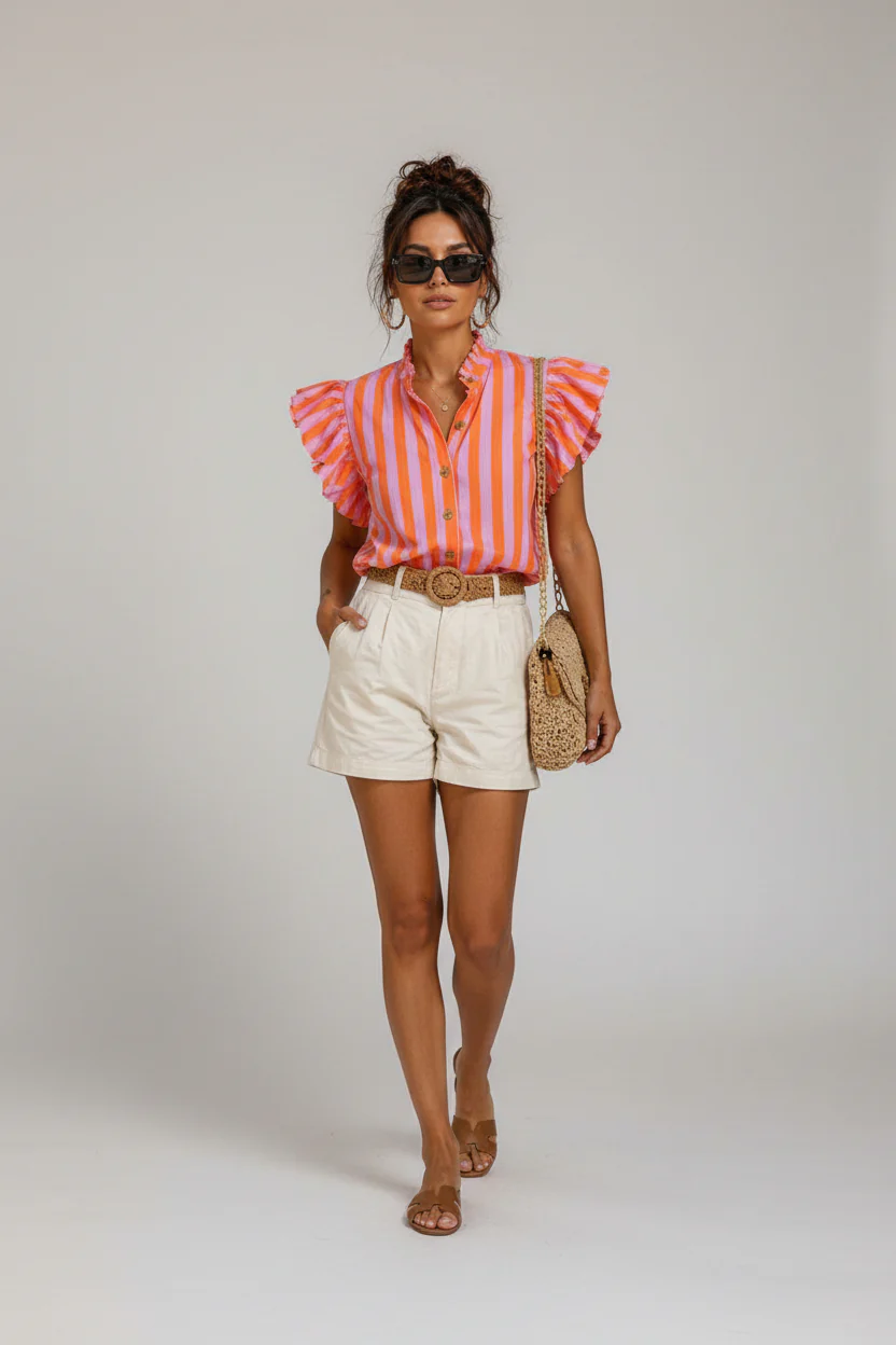 Striped Blouse with Ruffled Shoulders & High Collar | Women's Luxury Cotton Top