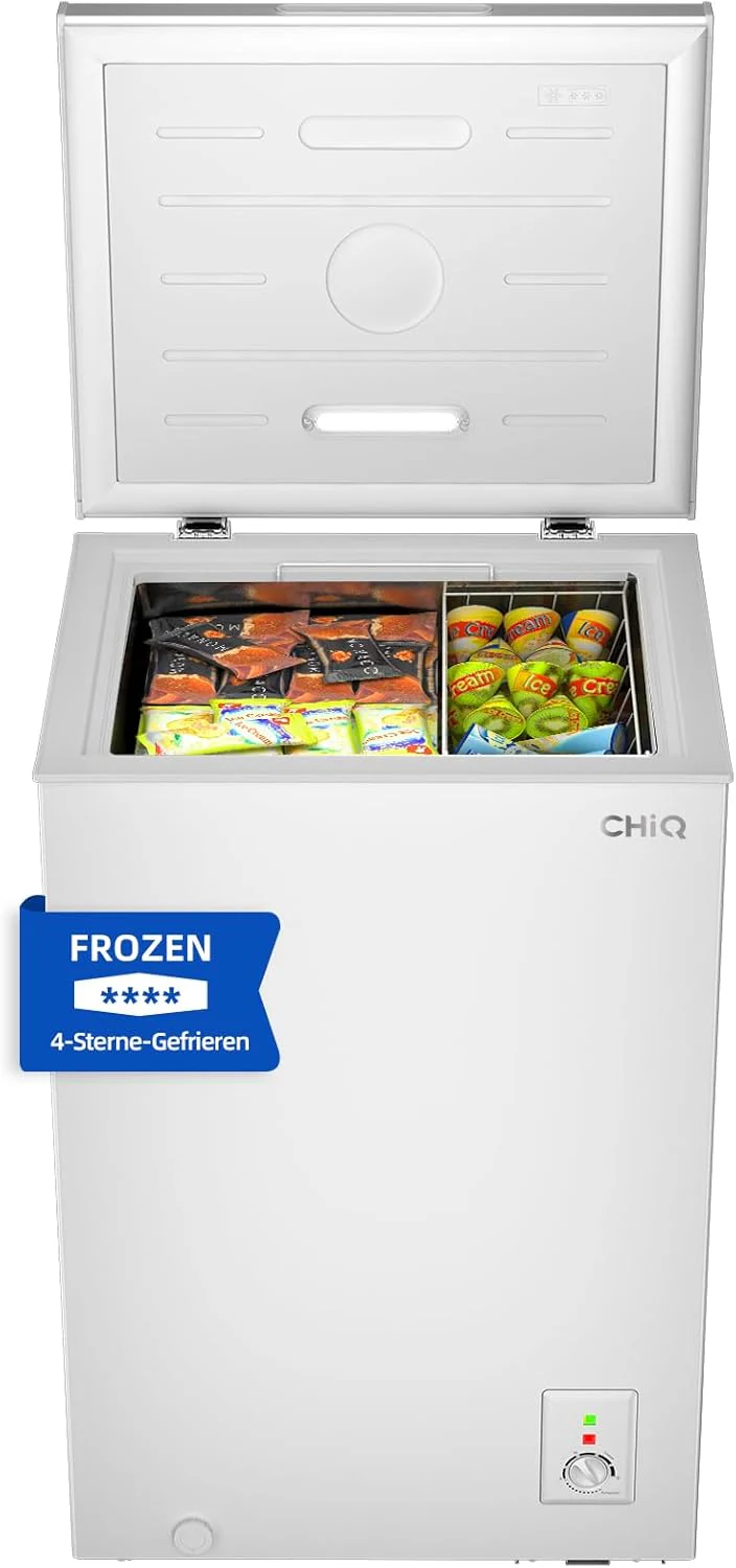 CHiQ FCF98DE Vrieskist 99 L, 54,5 x 47,6 x 83,5 cm, 4-sterrenvriezer, Thermostaatregeling, Draadmand, Balancerende deur, Stil, Wit