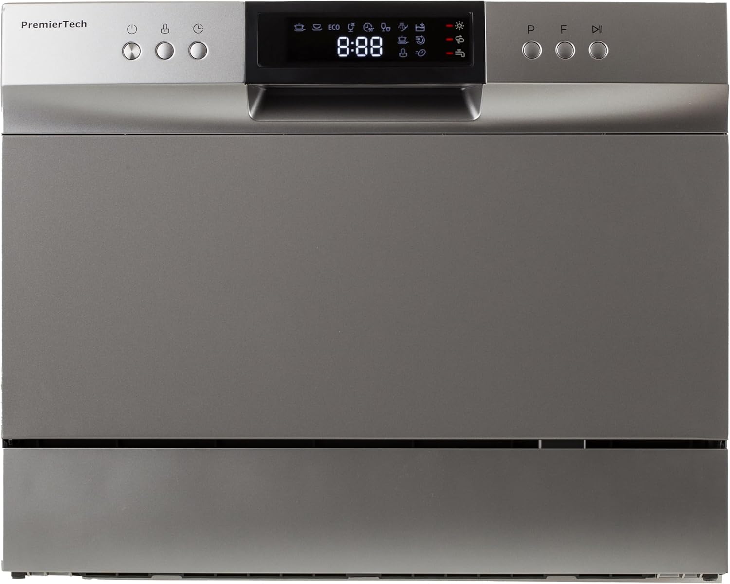 PremierTech Mini Lavastoviglie compatta da tavolo, Lavastoviglie 6 coperti, 8 programmi, Libera Installazione e Incasso, Da Appoggio, Display Led, Silver PTLS6S
