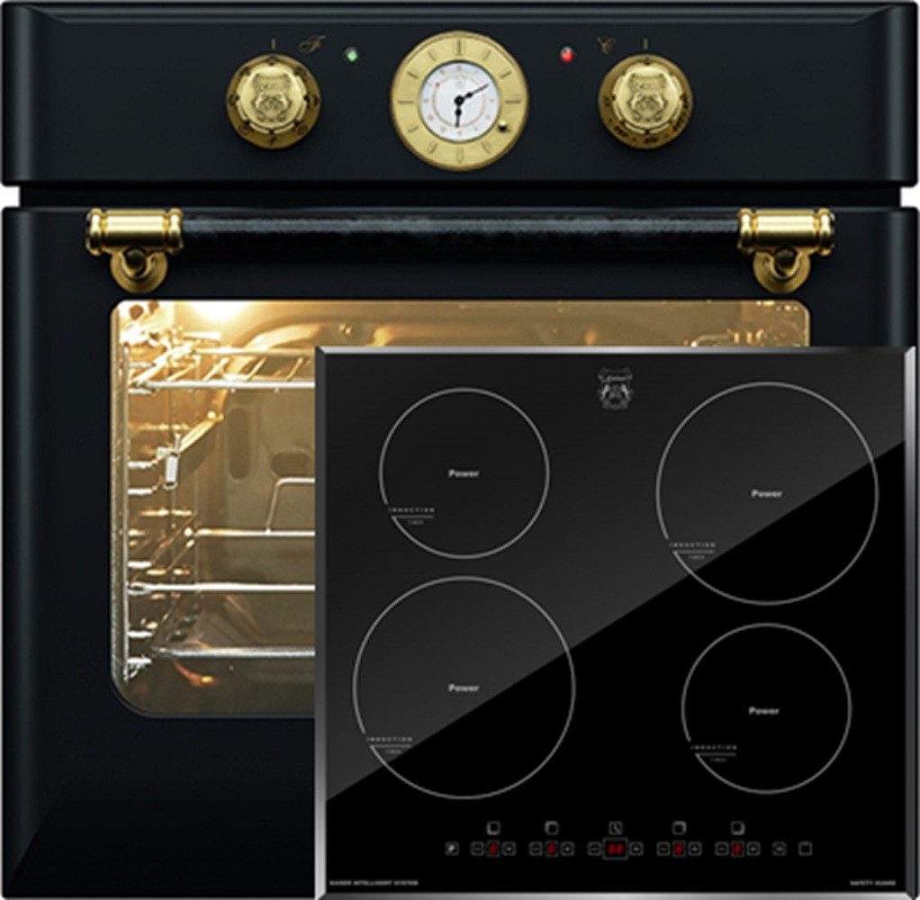 Backofen-Set Herd Set Autark Retro Einbau Backofen Elektro, Autark, 68 L, Drehspieß, 10 Funktionen mit Induktionskochfeld 60 cm, Autark,Facettenschliff, Kochfeld 4xQickHeat Kochzonen EH 6432 BE+KCT 6105 FI