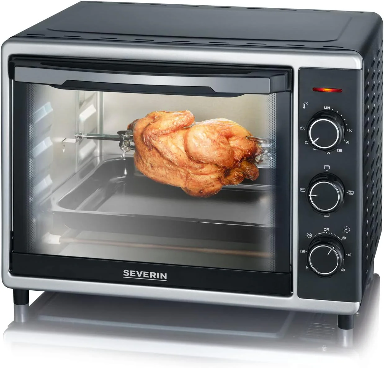 SEVERIN Bak- en Toastoven met heteluchtfunctie, Mini Oven met grillrooster, bakplaat, draaispies en pizzasteen, veelzijdige heteluchtoven met 42 L inhoud, 1.800 W, zwart, TO 2058