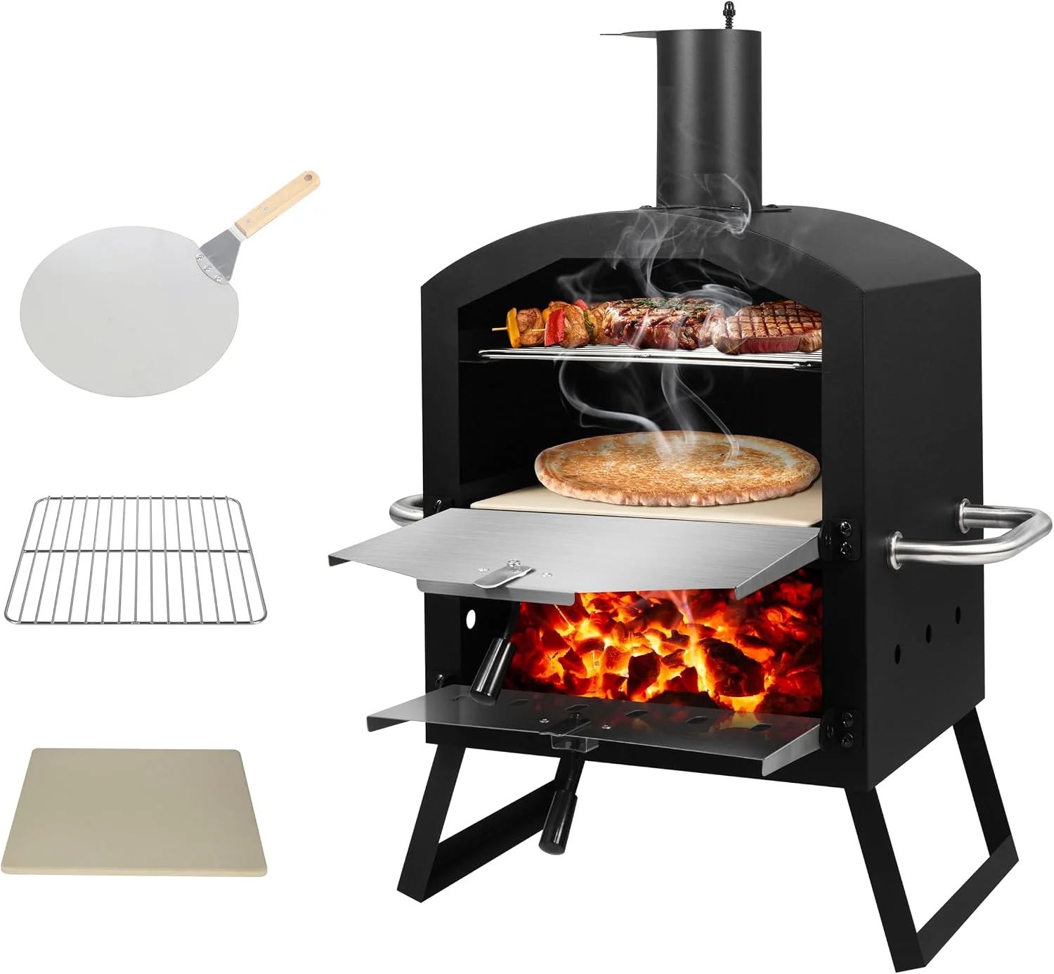DMS Germany Pizzaofen, Kohle-/Pellets -PM-3000, knusprige Steinofenpizza & Brot wie aus dem Holzbackofen, mobiler Outdoor Holzofen Räucherofen, Garten