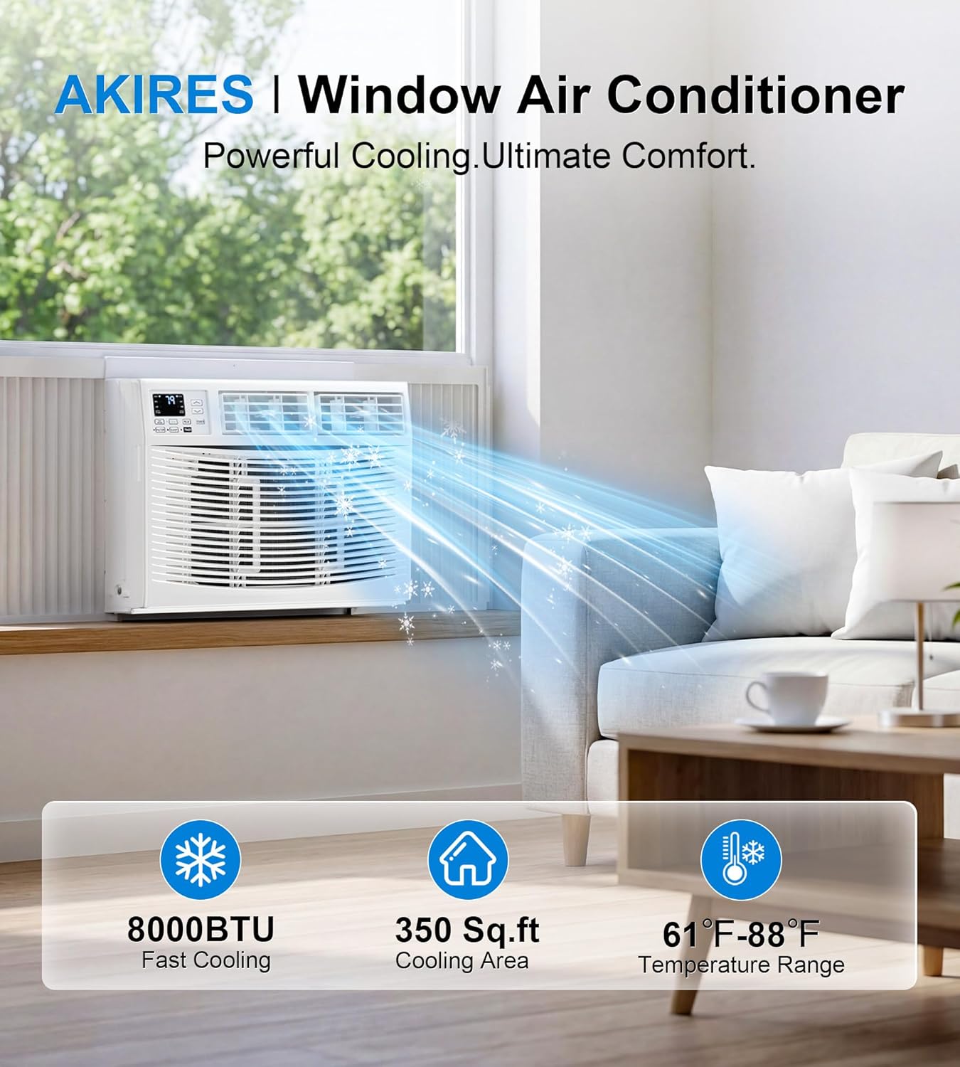 AKIRES Window Air Conditioner, 8,000BTU Air Conditioner Window Unit, Cools up to 350 Sq. Ft, Window AC with Cool, Fan, Dry, Sleep, Energy Saver, and Auto,6 Modes,24H Timer,Easy Install,Home,Office