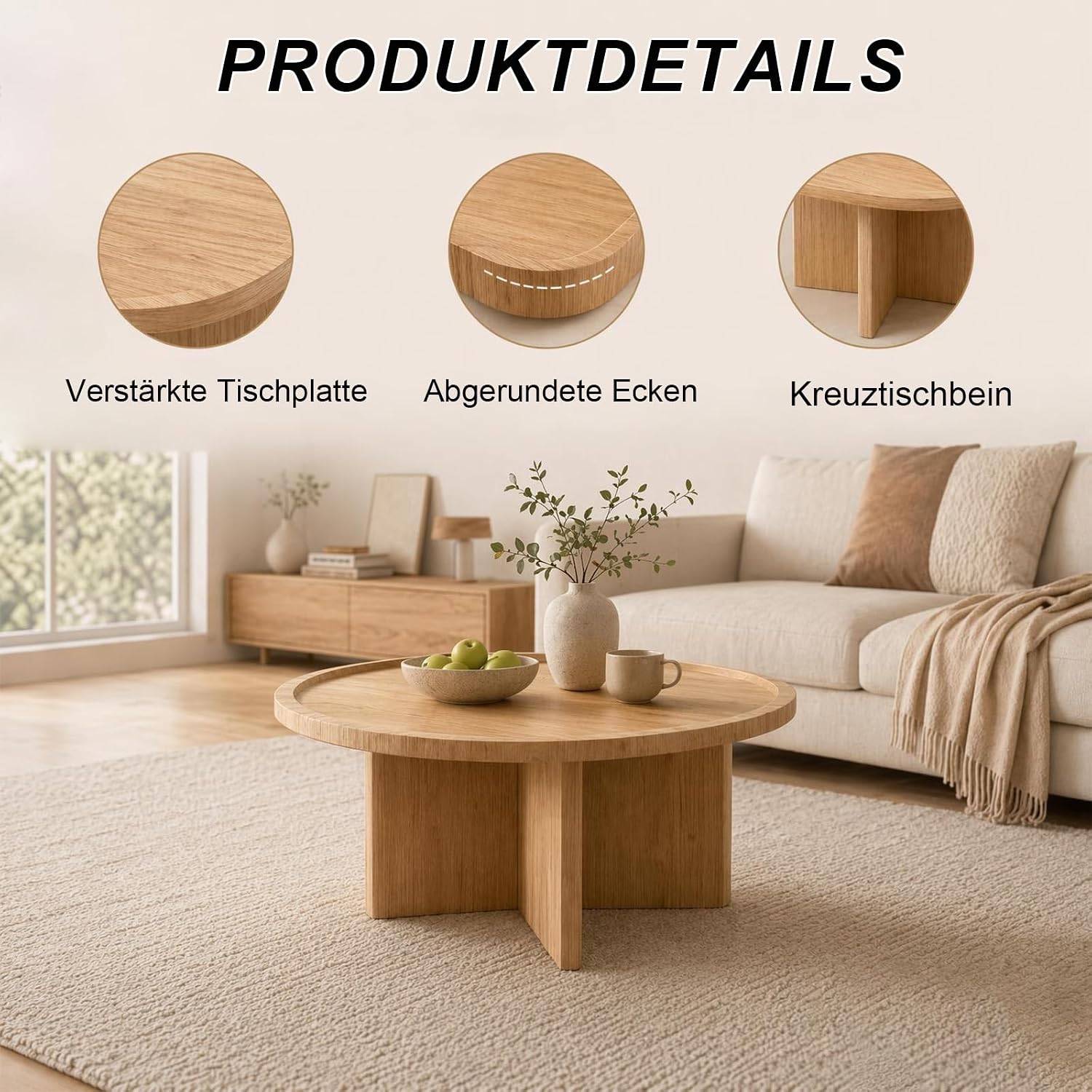 Runder Couchtisch mit 4 Hockern & Stauraum, 80 cm, platzsparend