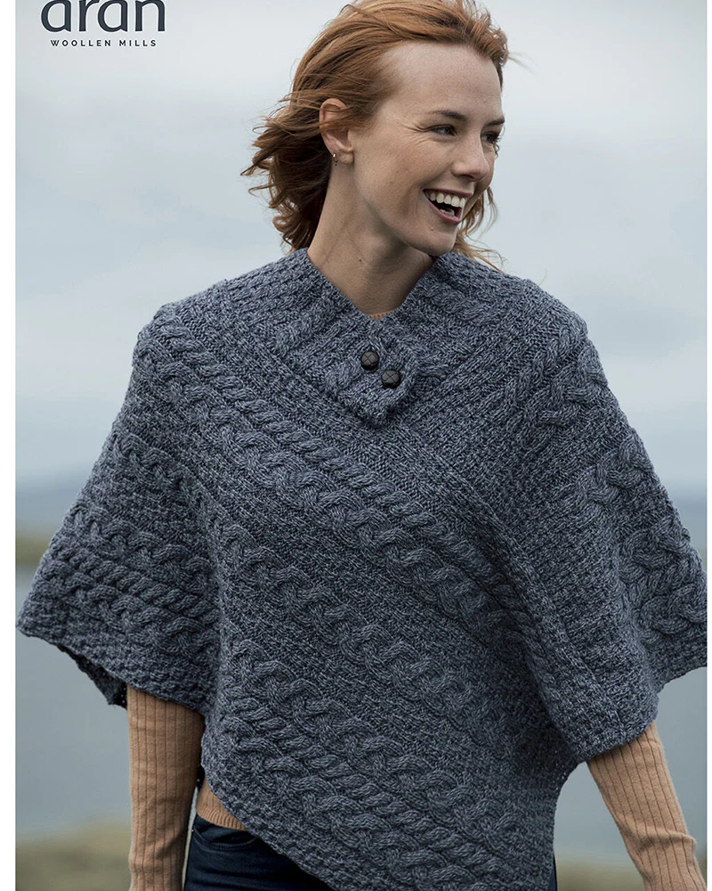 Merino Wool Button Poncho , Denim
