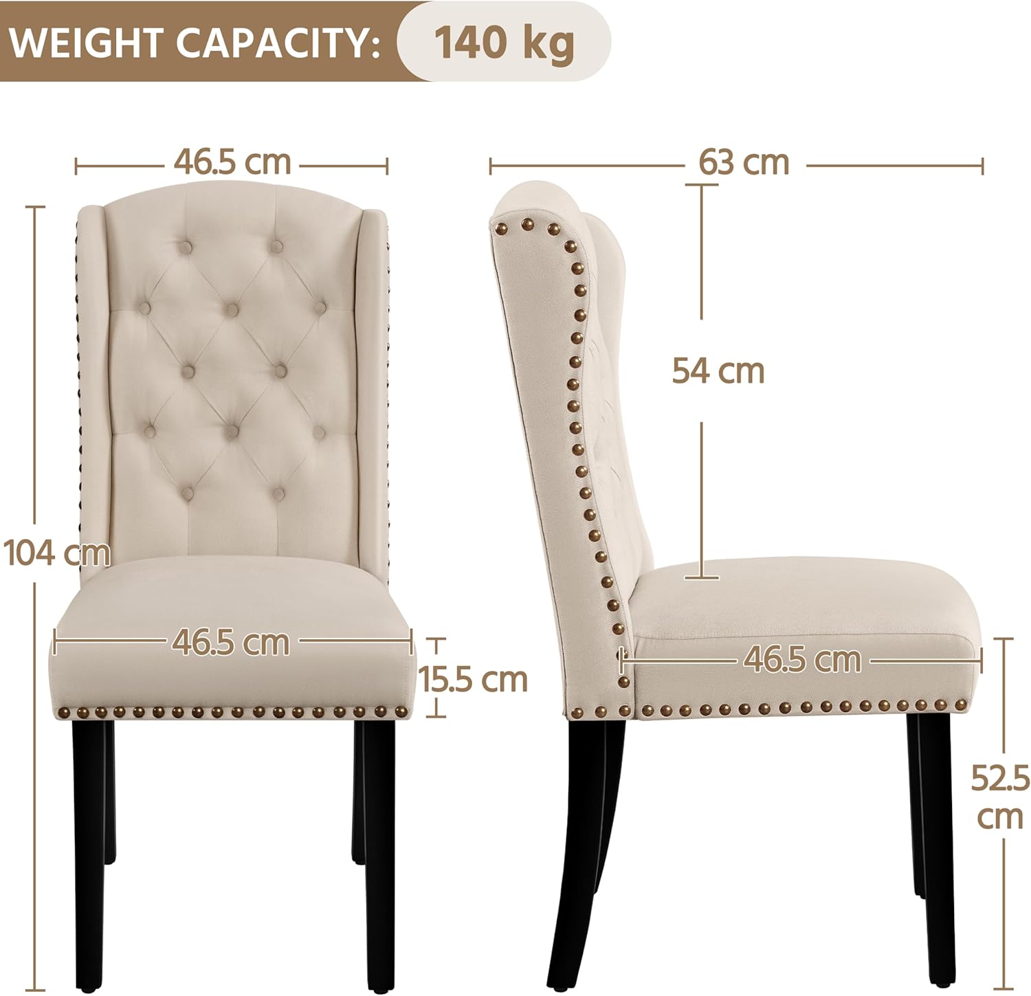 Yaheetech Set 6 Sedie Sala da Pranzo Tessuto Imbottite Eleganti Gambe in Legno Massello Schienale Alto con Bottoni Portata 140 KG Beige