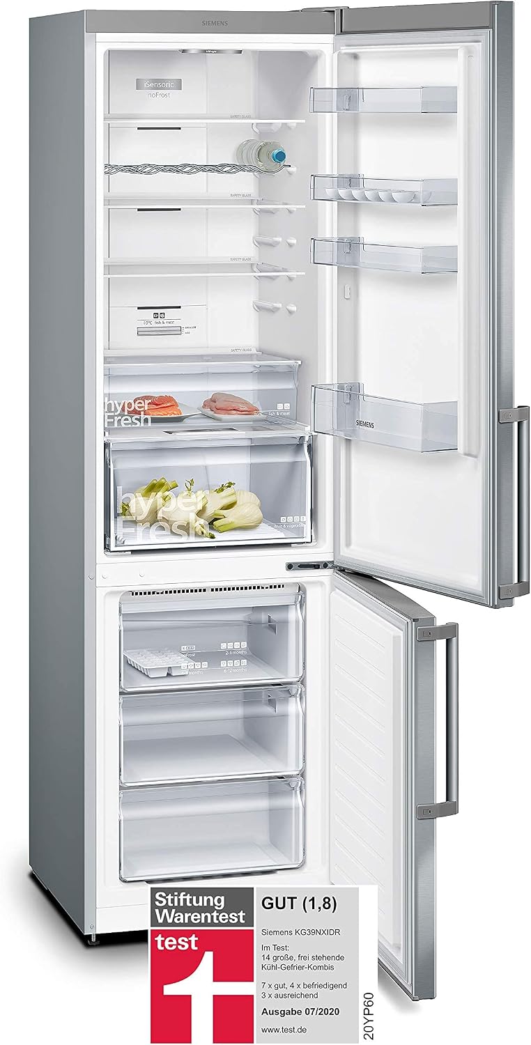 Siemens KG39NXIDR iQ300 Freistehende Kühl-Gefrier-Kombination mit Gefrierbereich, 191 kWh pro Jahr, 368 L, hyperFresh Frischesystem, noFrost, freshSense, bottleRack