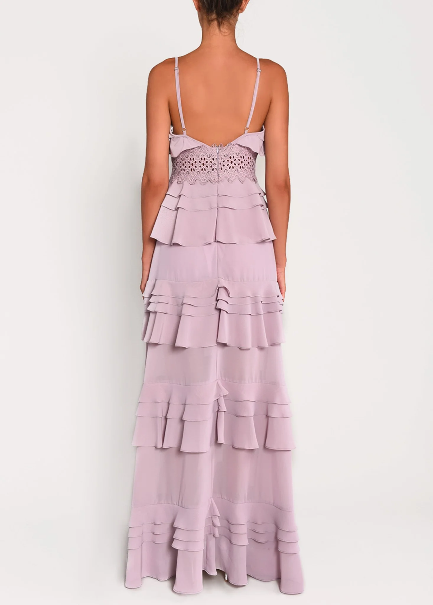 Sophia Dusty Lilac Plunge Front Strappy Tiered Ruffle Maxi Dress