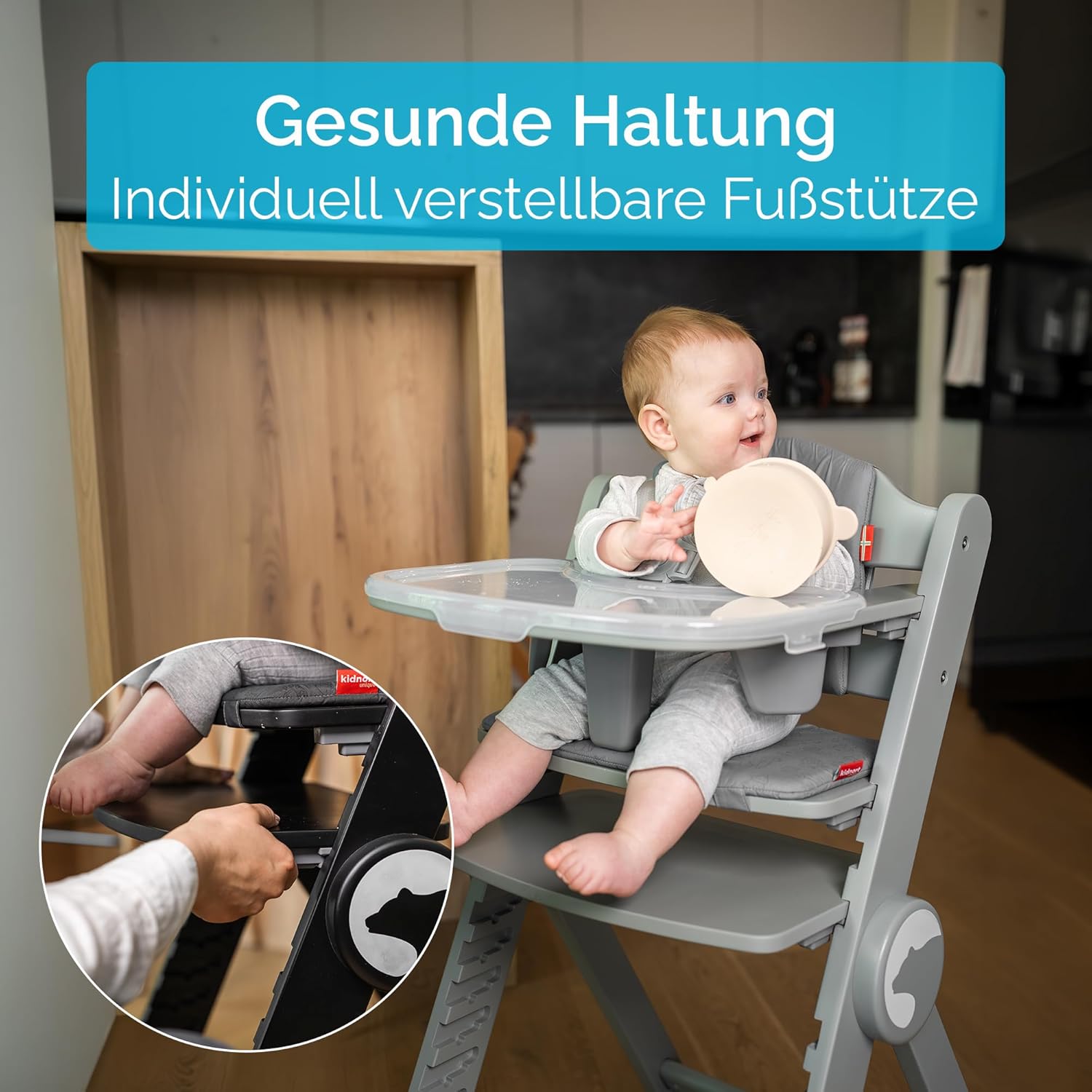 Holzhochstuhl Drömmer Unique bis 75kg Mitwachsender Faltbarer Hochstuhl aus Buche für Kinder mit Sitzkissen 5 Punkt Gurt zusätzliche Ablage Schrittgurt 9 Höhenverstellungen Schutzbügel Grau