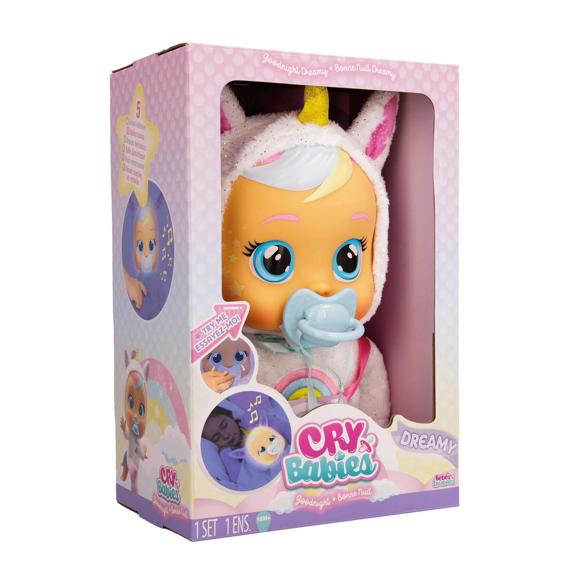 Cry Babies Goodnight Dreamy Baby Doll &ndash; LED Light Up, Unicorn Pajamas, Soothing Lullabies, Ages 18M