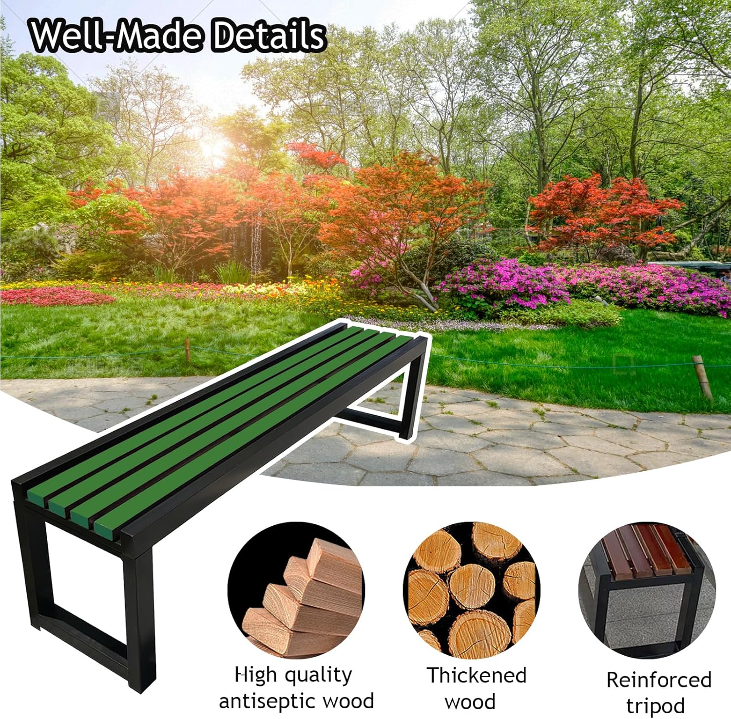 Metal Garden Bench, Backless Patio Benches, Outdoor Patio Benches, Weatherproof Metal Frame and Solid Wood Seat Length 150cm