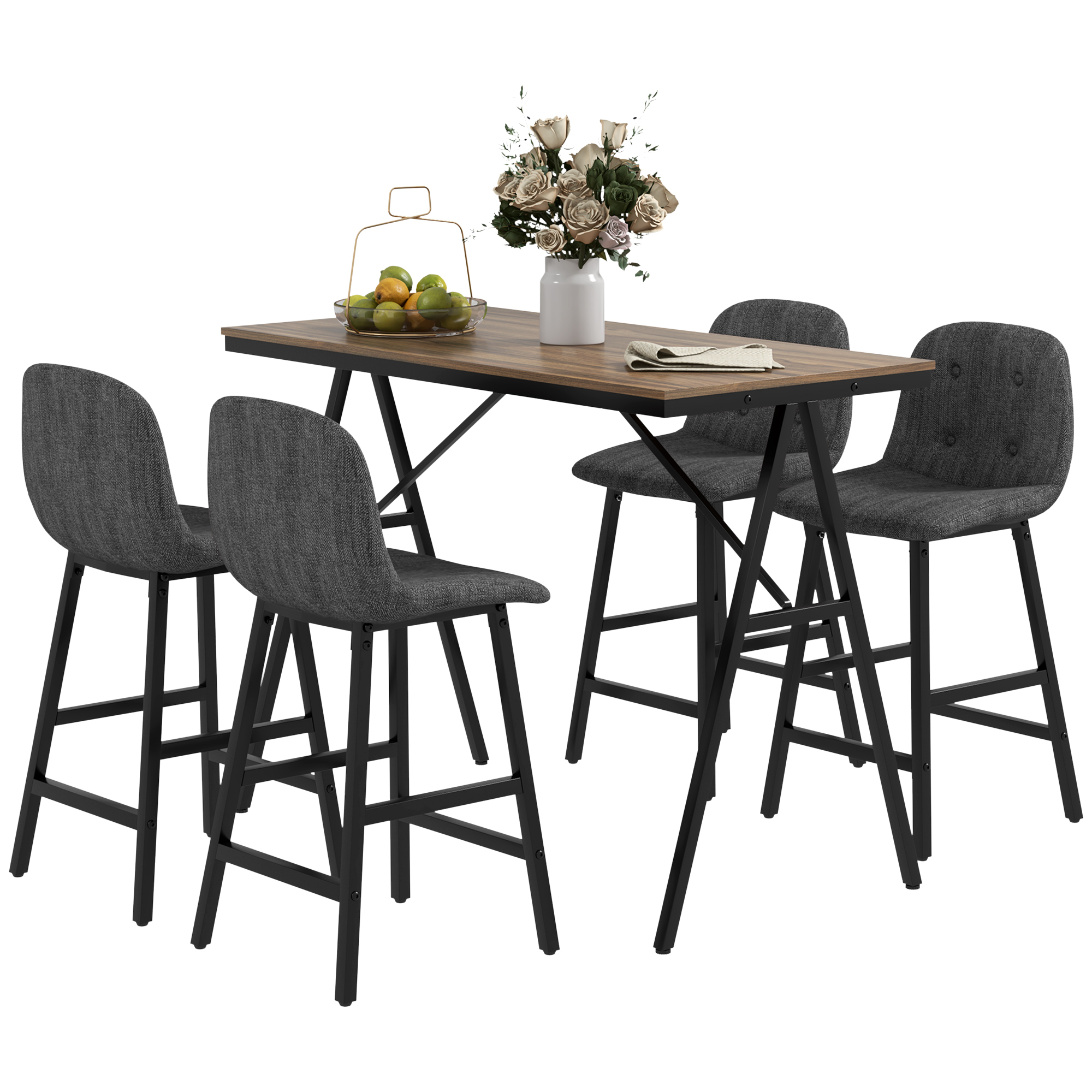 5-delige Bargarnituur, Tafel en 4 Stoelen, Knoopafwerking, Dikke Bekleding, Linnenlook, Donkergrijs