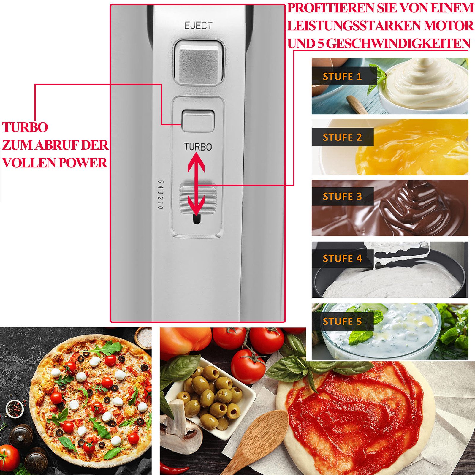 Handmixer 800W Handmixer Handrührer, 5 Geschwindigkeiten Edelstahl Handrührgerät